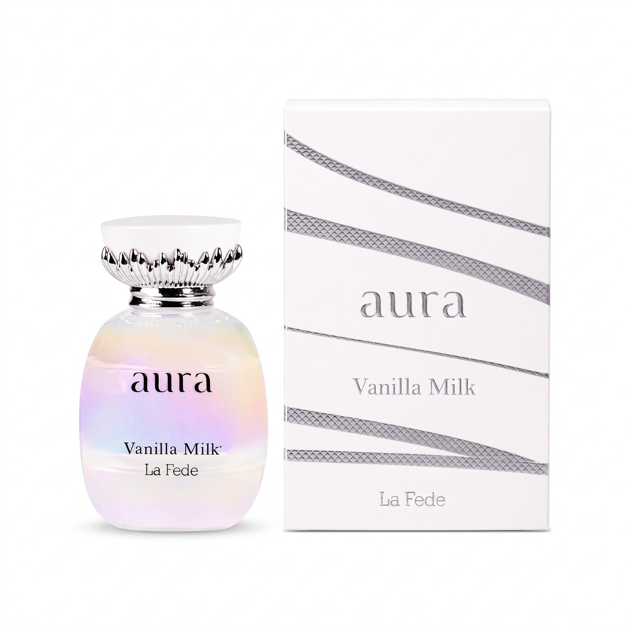 Palette 21 Khadlaj Le Fede Aura Vanilla Milk perfume bottle with iridescent glass and matching white gift box