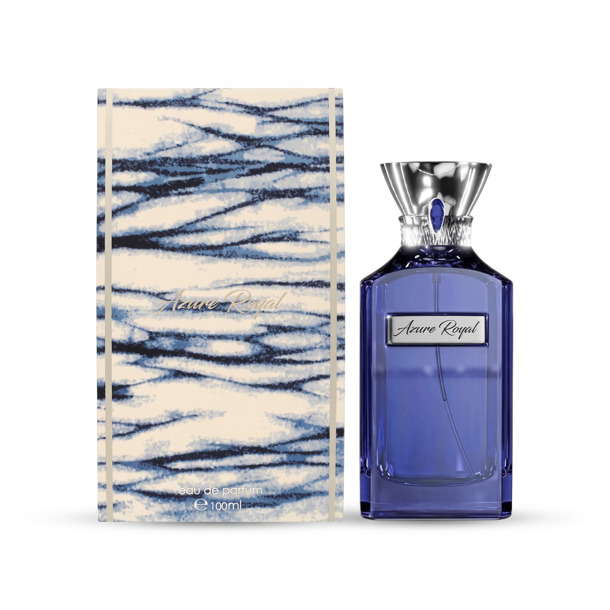 Palette 21 Azure Royal eau de parfum in a deep blue glass bottle next to its patterned cream and blue gift box.