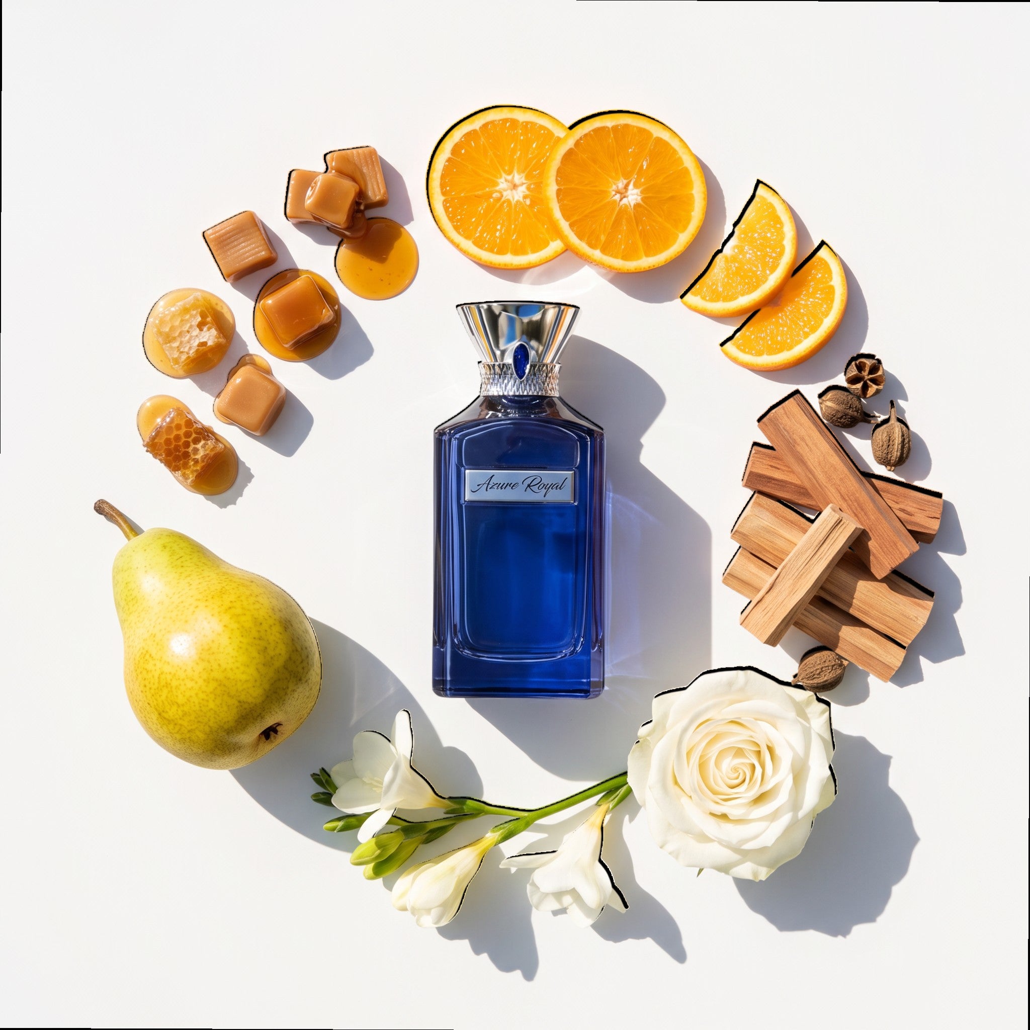 Palette 21 Azure Royal Ahmed Al Maghribi perfume bottle surrounded by orange slices, caramel, pear, and white flowers.