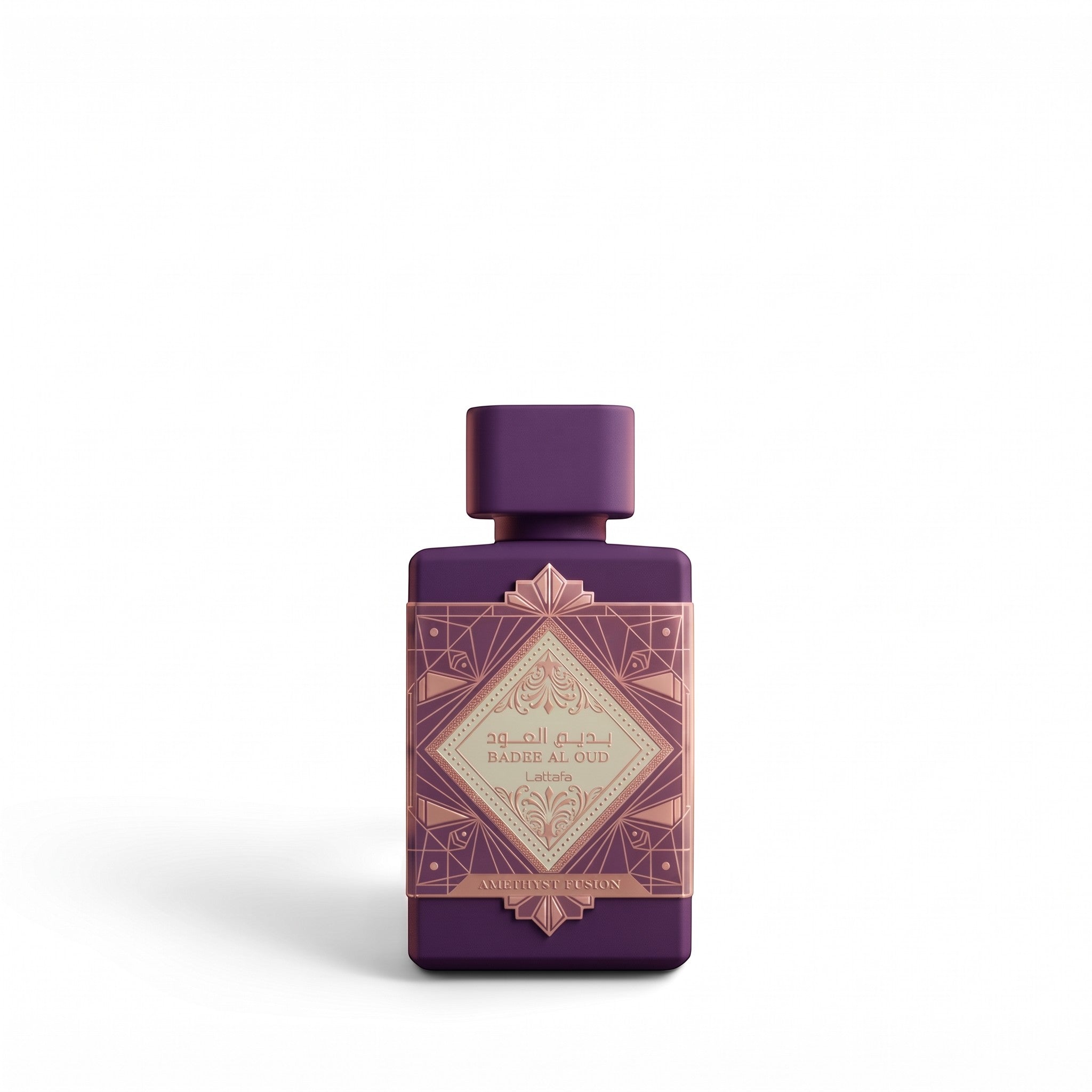 Palette 21 Bade'e Al Oud Amethyst Fusion perfume bottle in deep purple with an ornate rose gold label