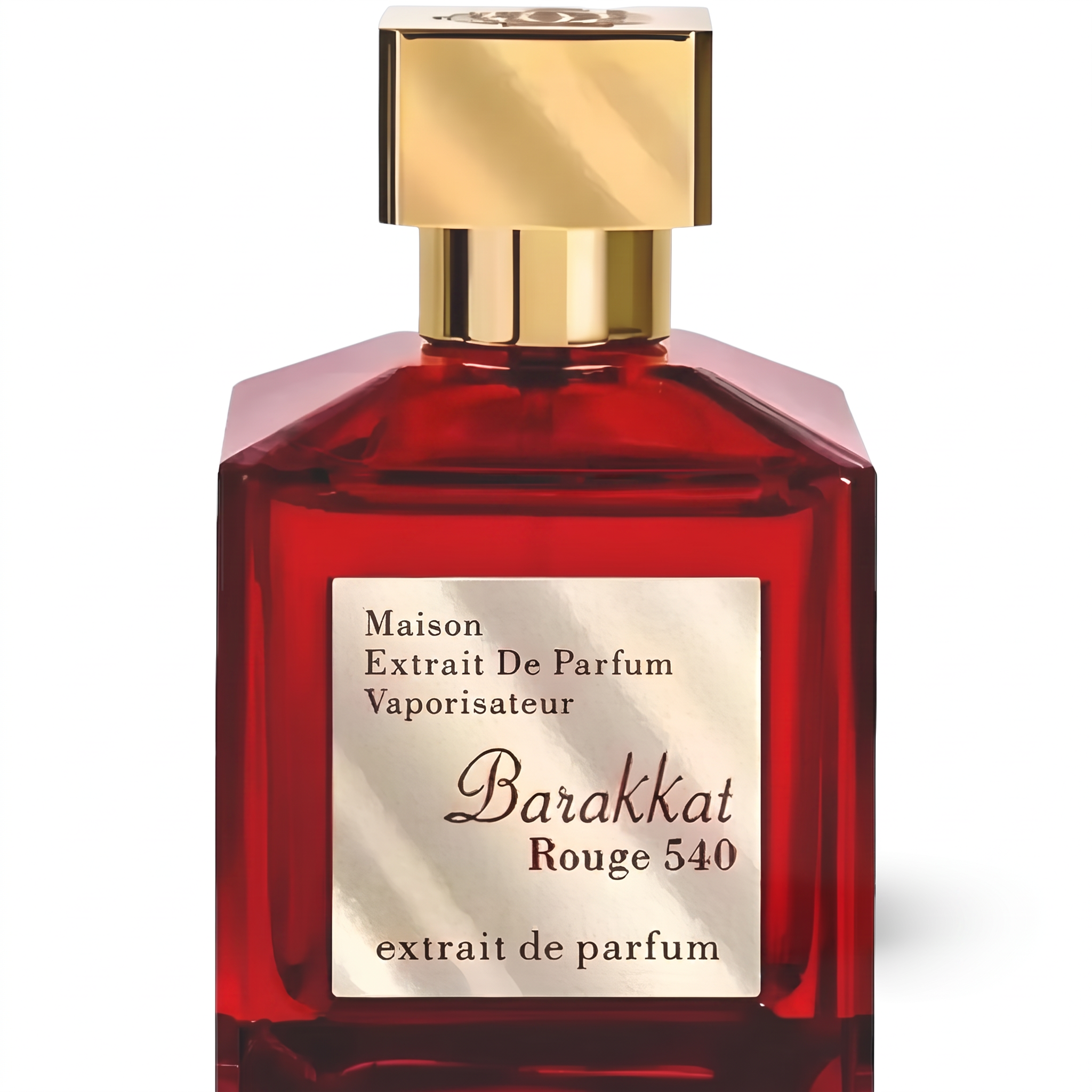 Palette 21 Barakkat Rouge 540 Extrait de Parfum in a deep red glass bottle with a luxurious gold-tone cap.