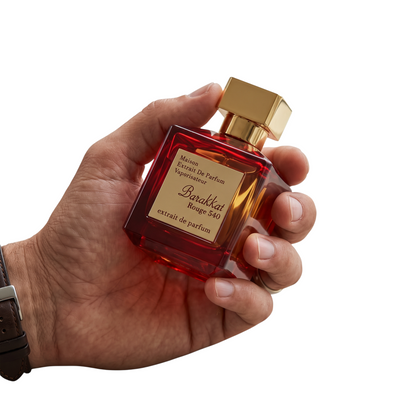 Palette 21 Barakkat Rouge 540 Extrait de Parfum in a red glass bottle with a gold cap held in a hand