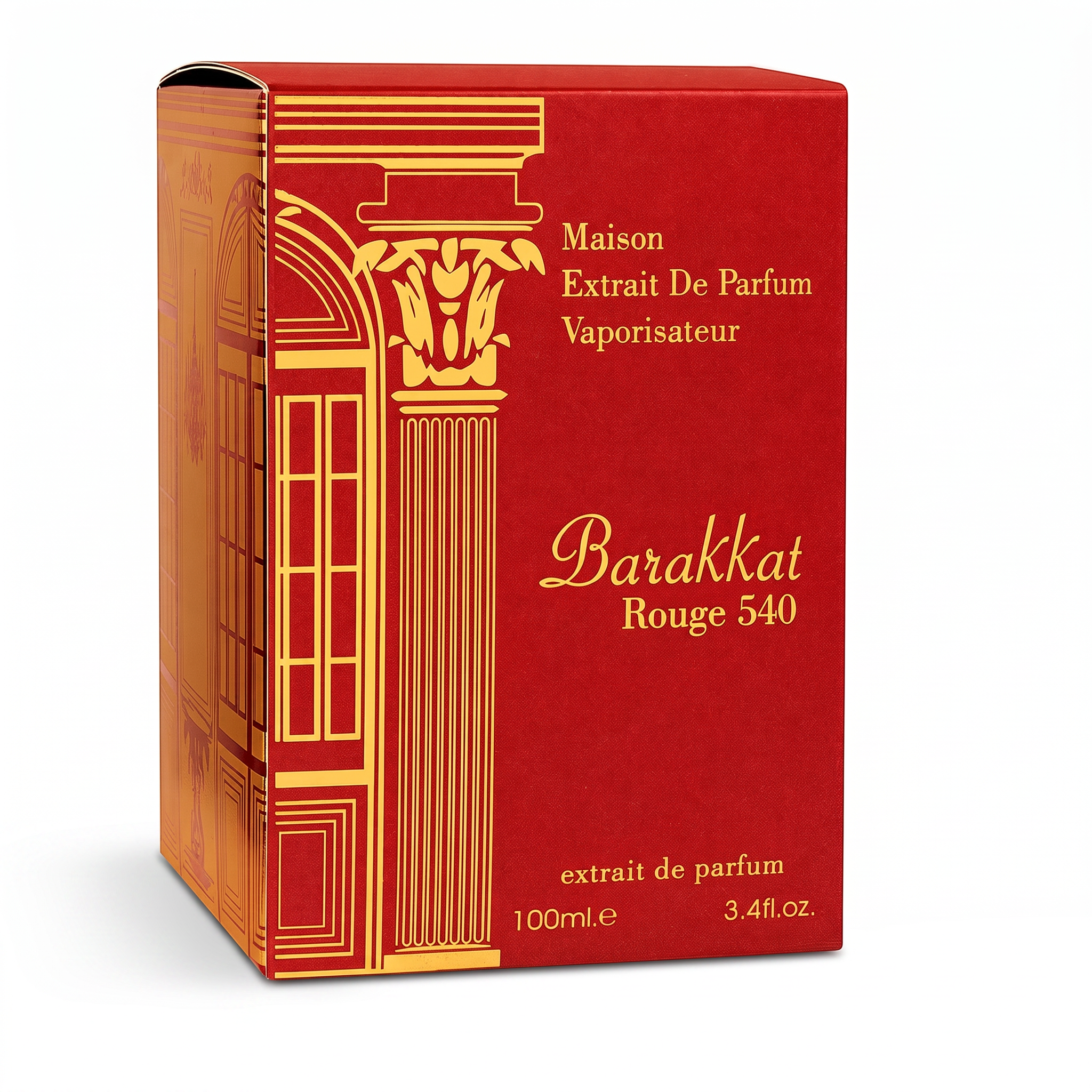 Palette 21 Barakkat Rouge 540 Extrait de Parfum in a vibrant red box with elegant gold architectural detailing.