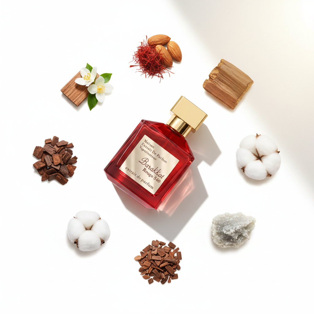 Palette 21 Barakkat Rouge 540 Extrait de Parfum in a red glass bottle surrounded by saffron, almond, and wood notes.
