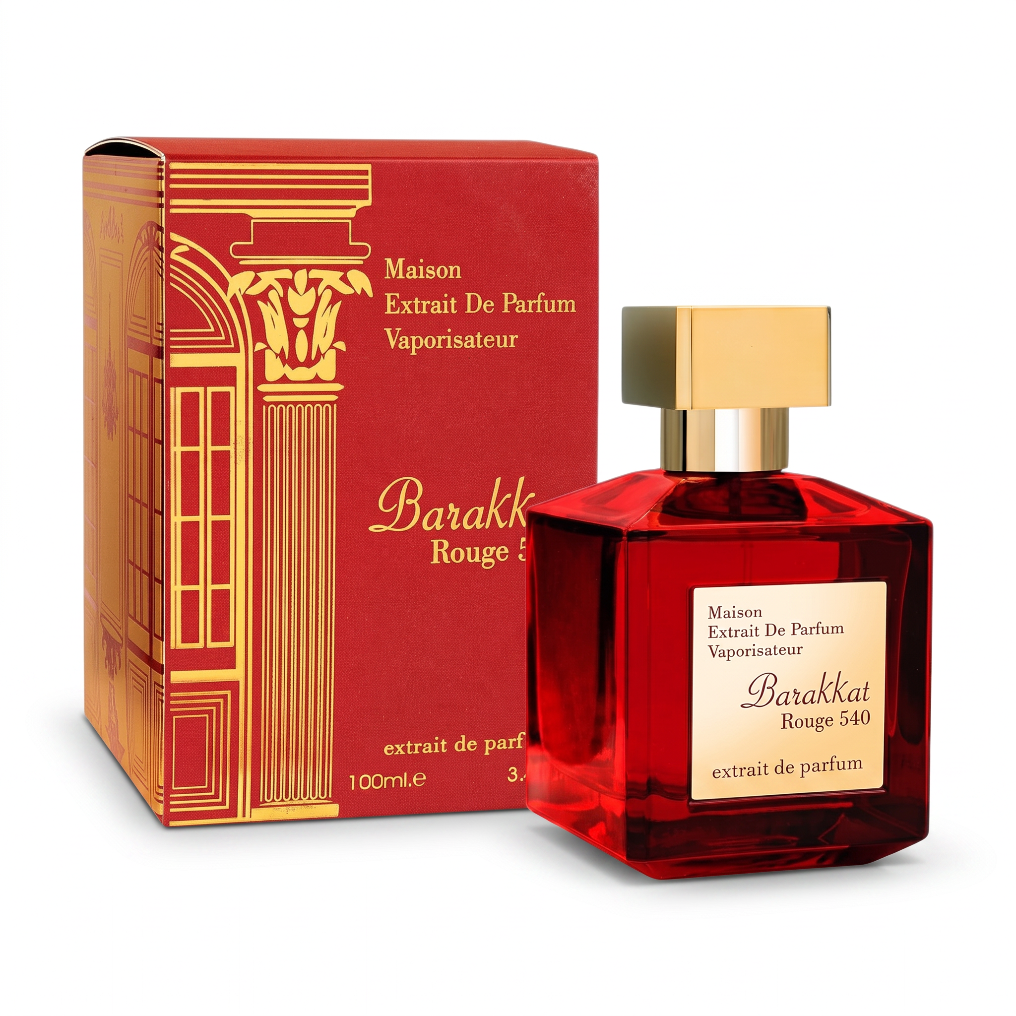 Palette 21 Barakkat Rouge 540 Extrait de Parfum in a red glass bottle with gold cap next to its matching red box.