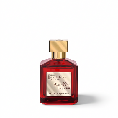 Palette 21 Barakkat Rouge 540 Extrait de Parfum in a deep red glass bottle with a luxurious gold-tone cap.