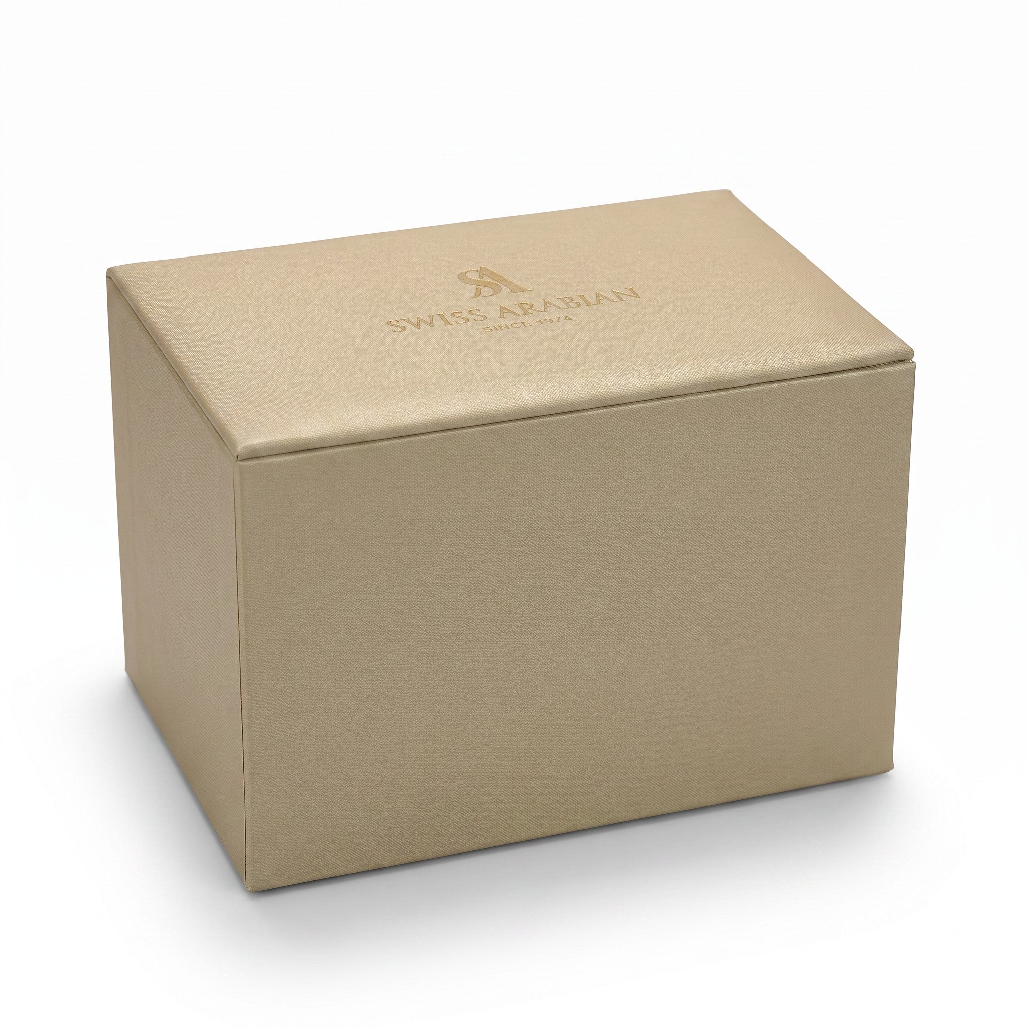 Palette 21 The Collector’s Edition beige textured gift box with Swiss Arabian gold logo branding