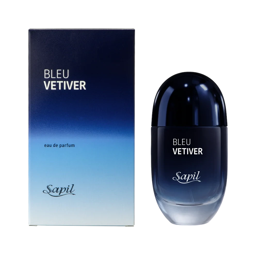 Palette 21 Bleu Vetiver Sapil eau de parfum bottle and box with blue gradient design for men
