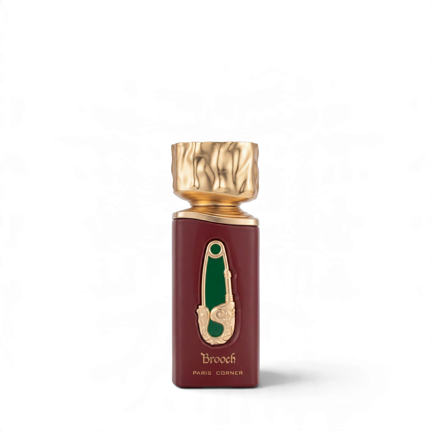 Palette 21 Brooch PARIS CORNER perfume bottle in deep red with a gold safety pin emblem and textured gold cap