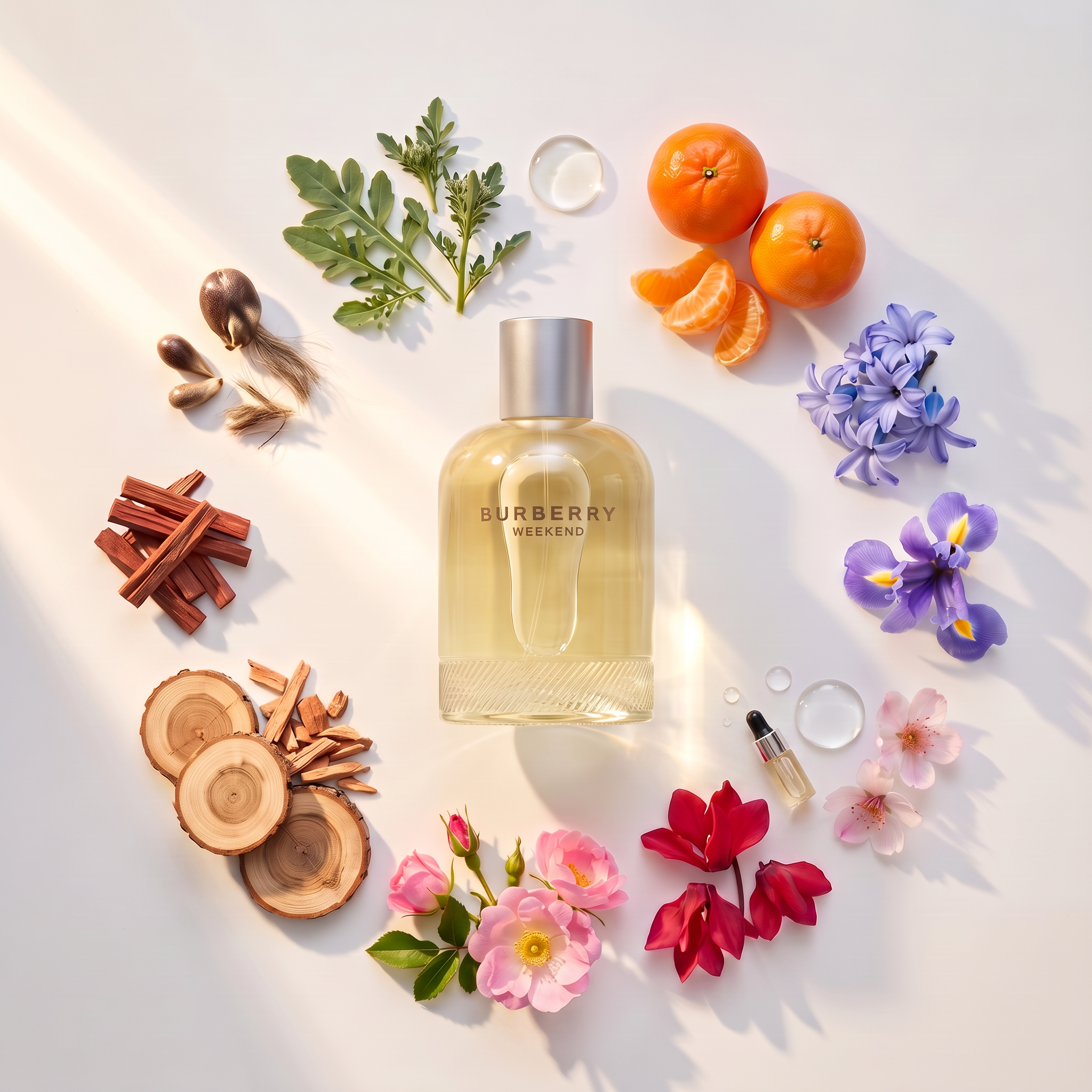 Palette 21 BURBERRY WEEKEND 1.7 oz Eau de Parfum spray bottle surrounded by fresh citrus, floral, and wood ingredients