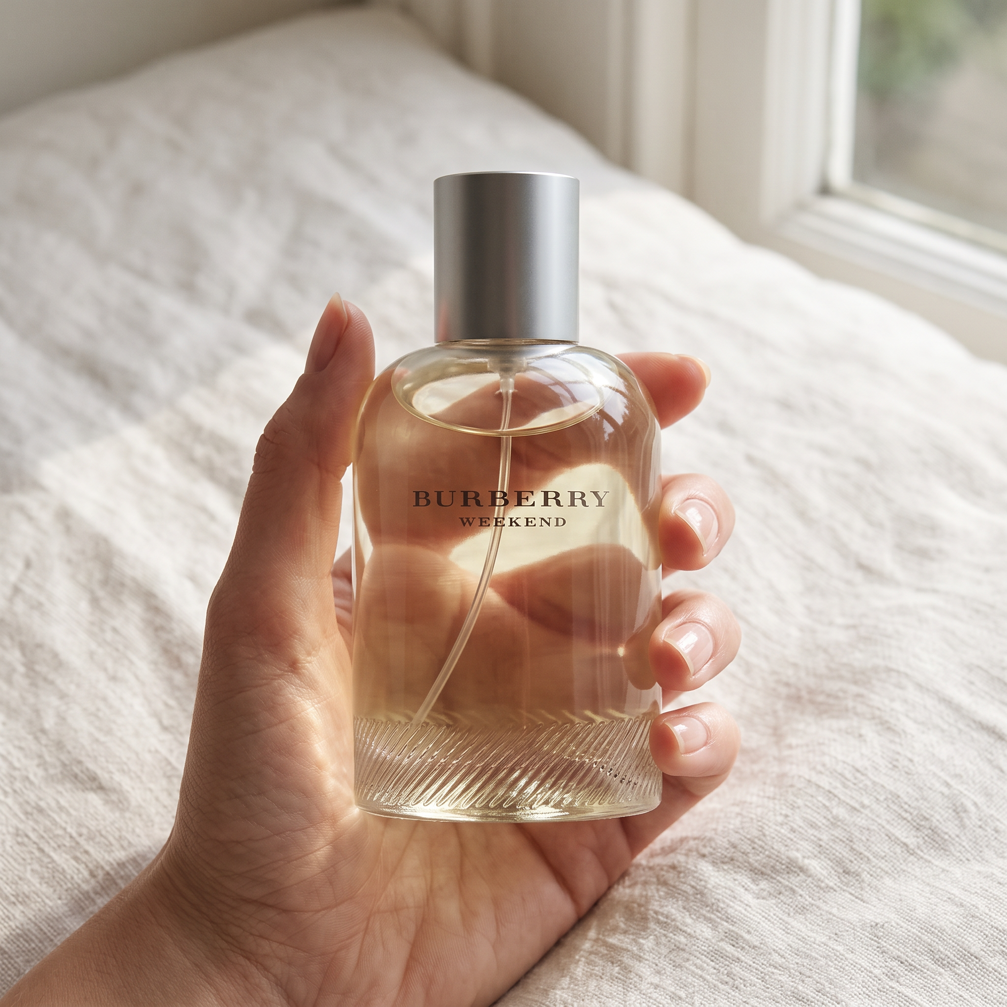 Palette 21 BURBERRY WEEKEND 1.7 oz Eau de Parfum spray bottle held in a hand against a light linen background