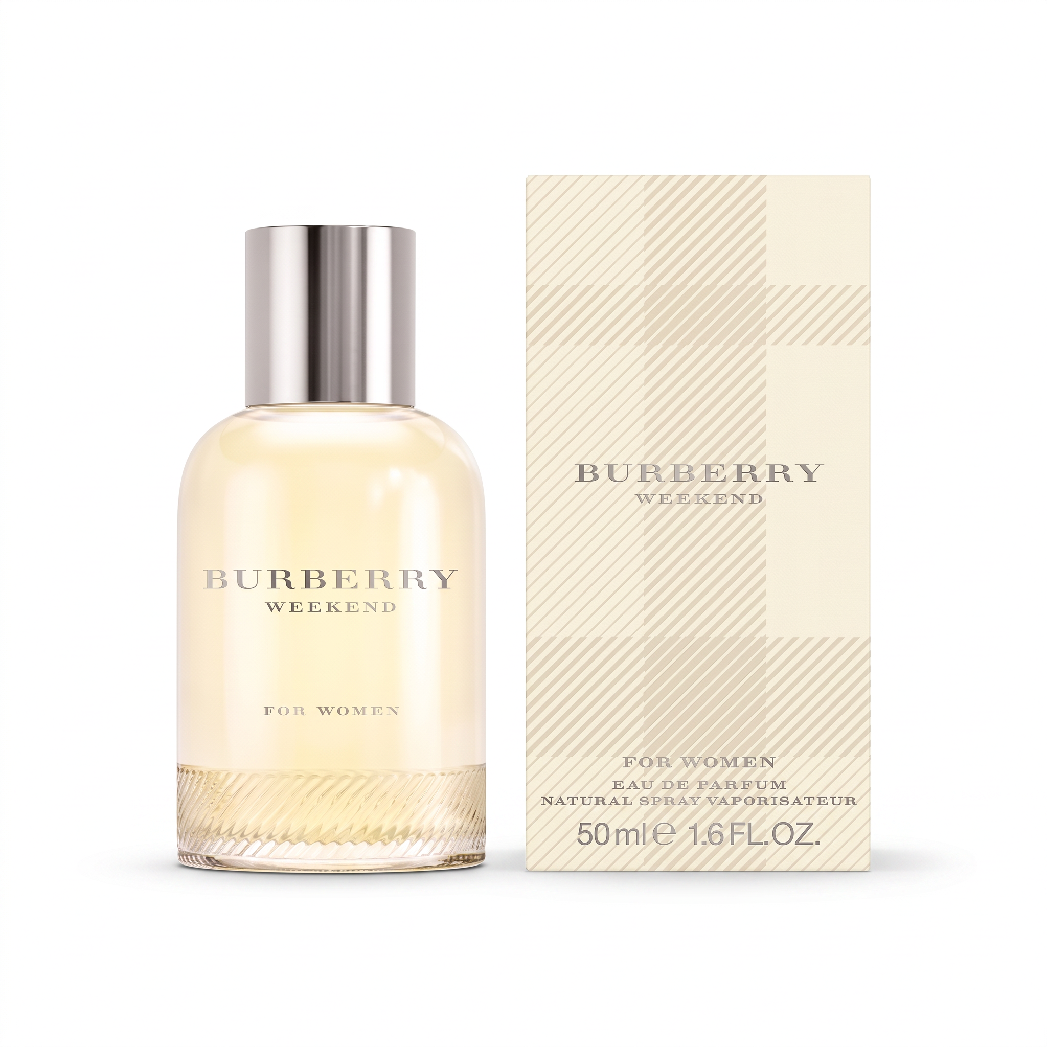 Palette 21 Burberry Weekend for Women 50ml eau de parfum spray bottle with its signature beige plaid patterned box.