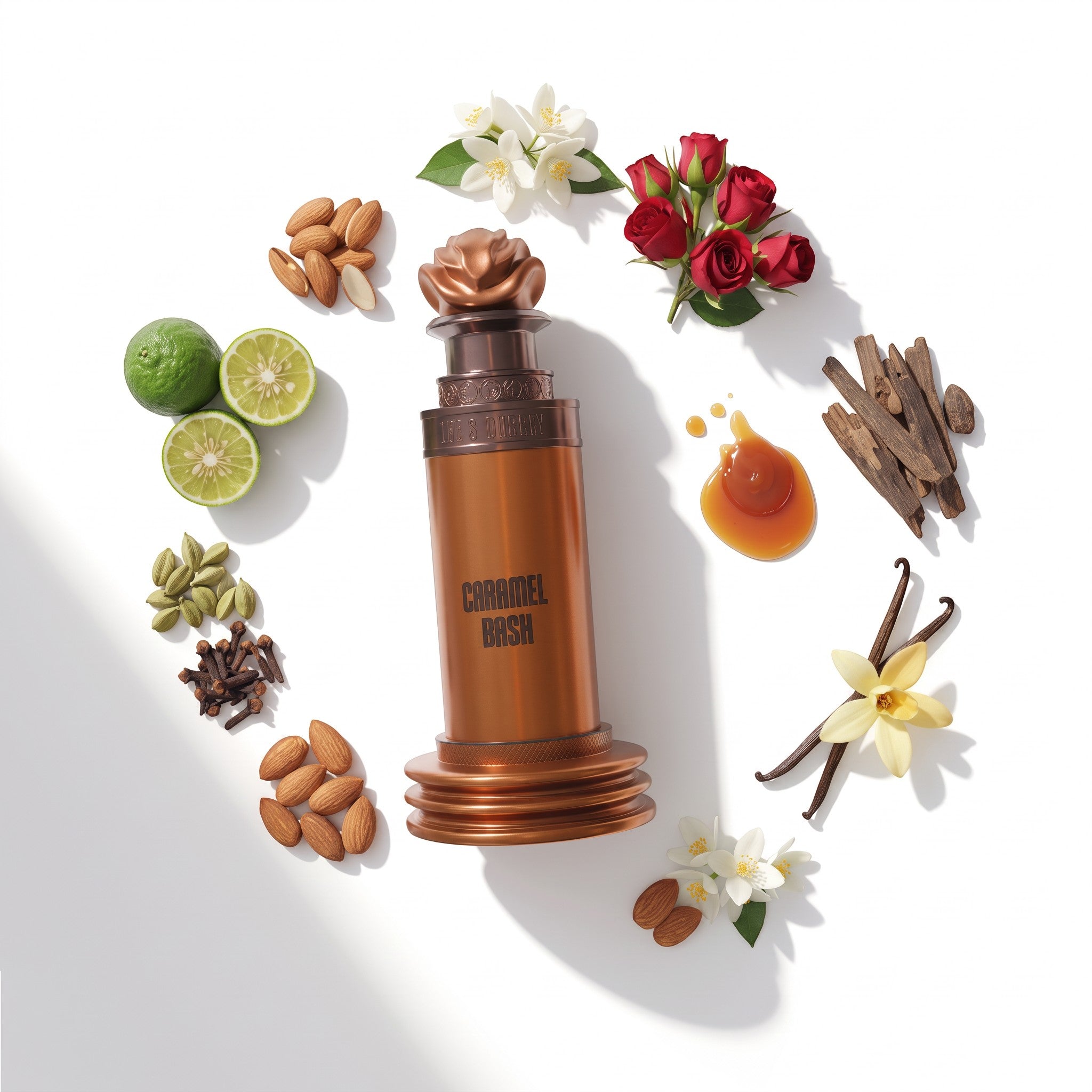 Palette 21 Paris Corner Caramel Bash unisex perfume bottle surrounded by caramel, vanilla, roses, and aromatic spices.
