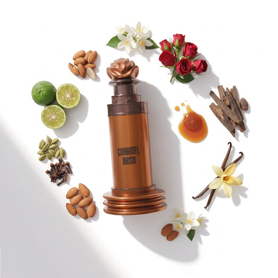 Palette 21 Paris Corner Caramel Bash unisex perfume bottle surrounded by caramel, vanilla, roses, and aromatic spices.