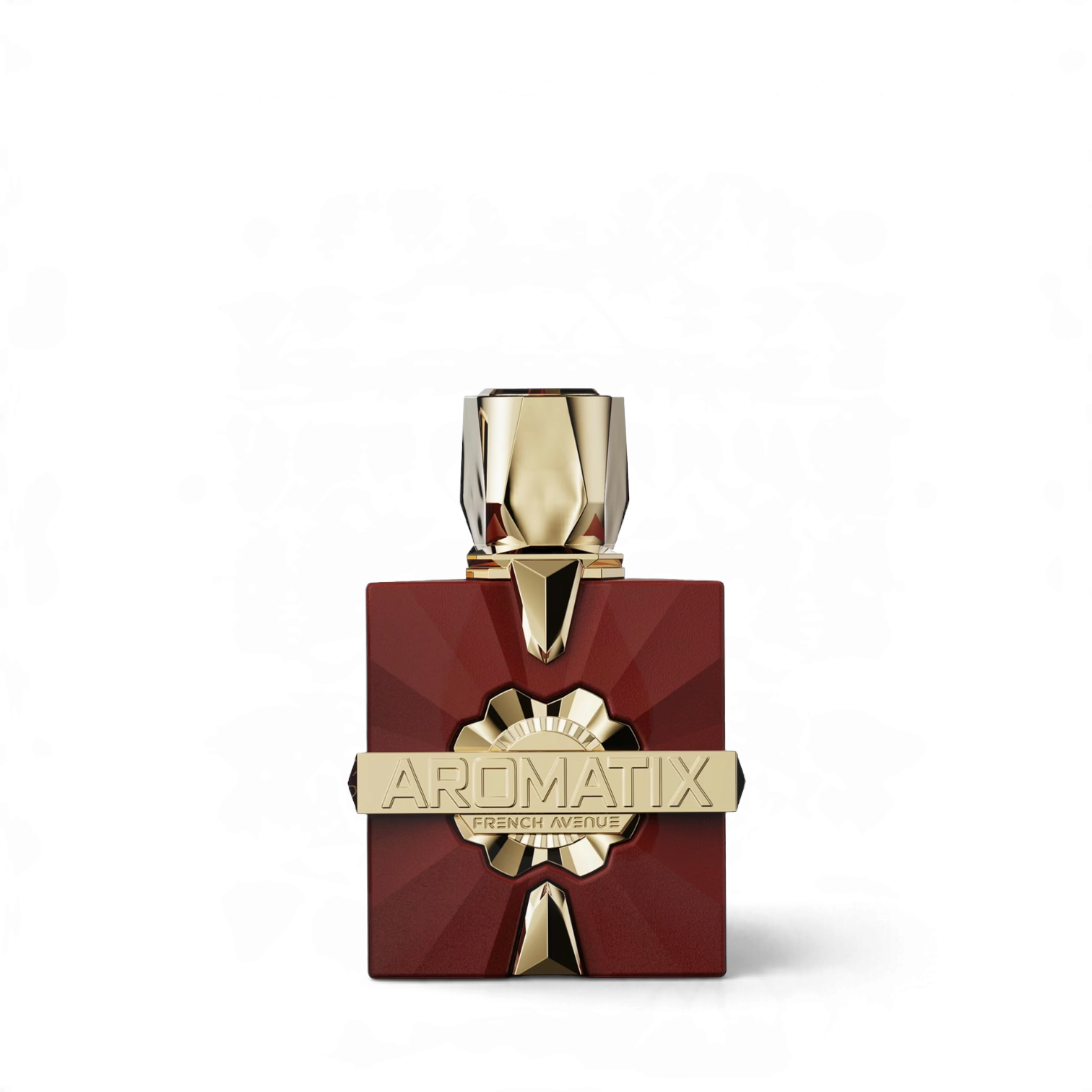 Palette 21 Carnal Desire Aromatix X French Avenue unisex perfume in a deep red bottle with gold geometric accents