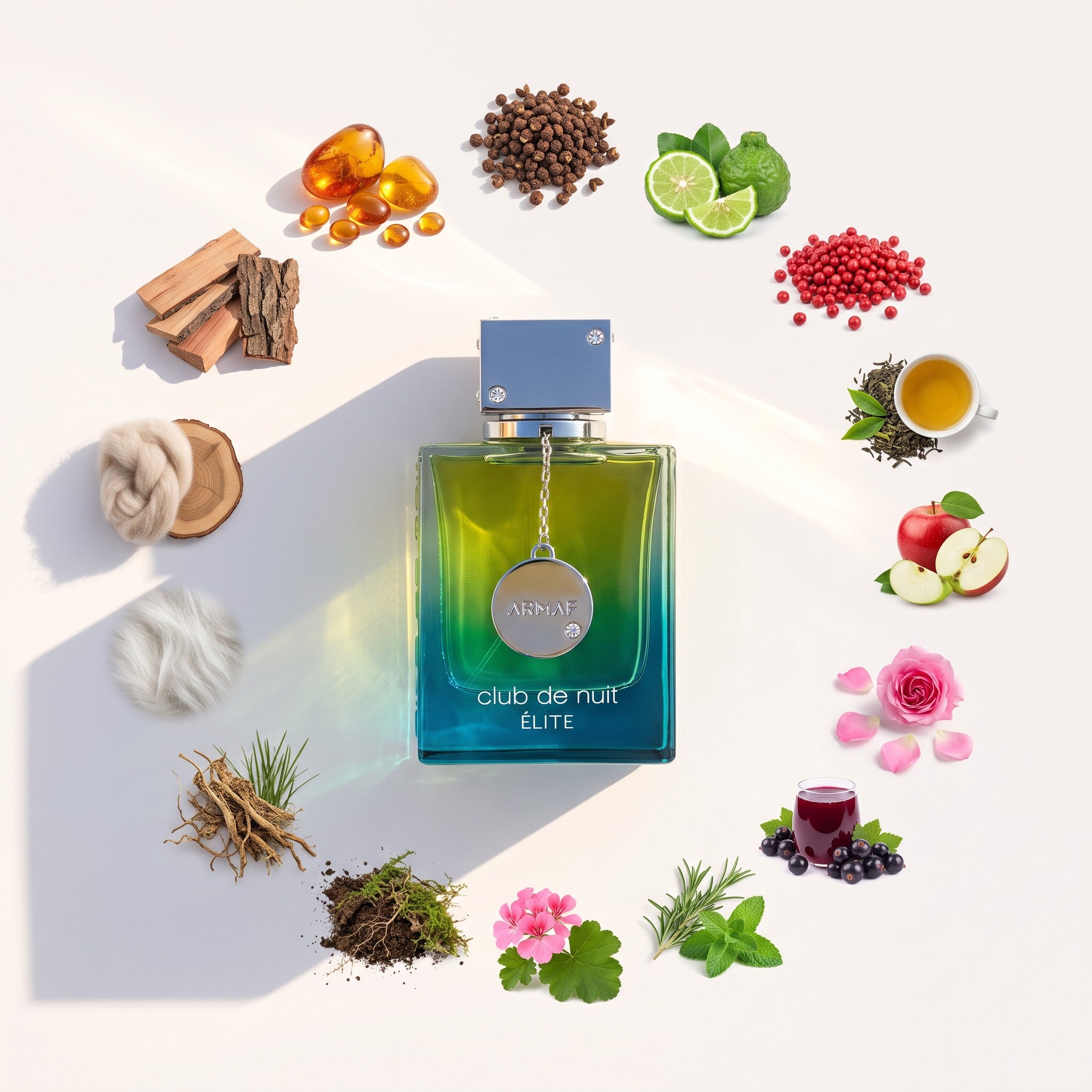 Palette 21 Club De Nuit Elite Armaf men's fragrance bottle surrounded by aromatic ingredients like citrus and spices.