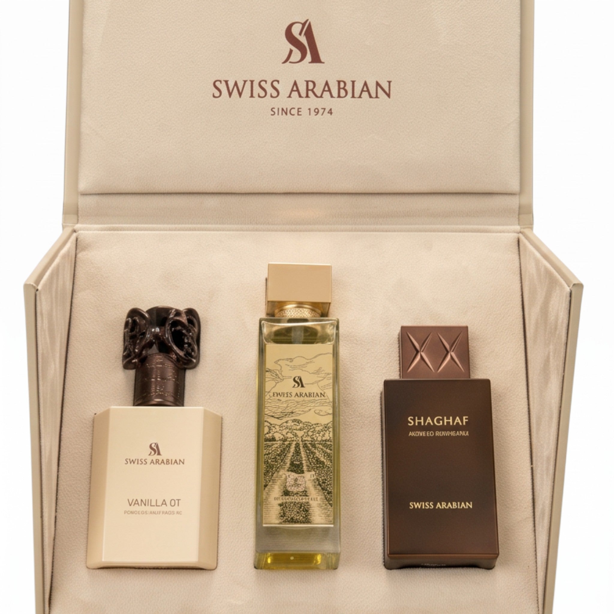 Palette 21 The Collector’s Edition perfume gift set featuring three Swiss Arabian fragrance bottles in a beige box