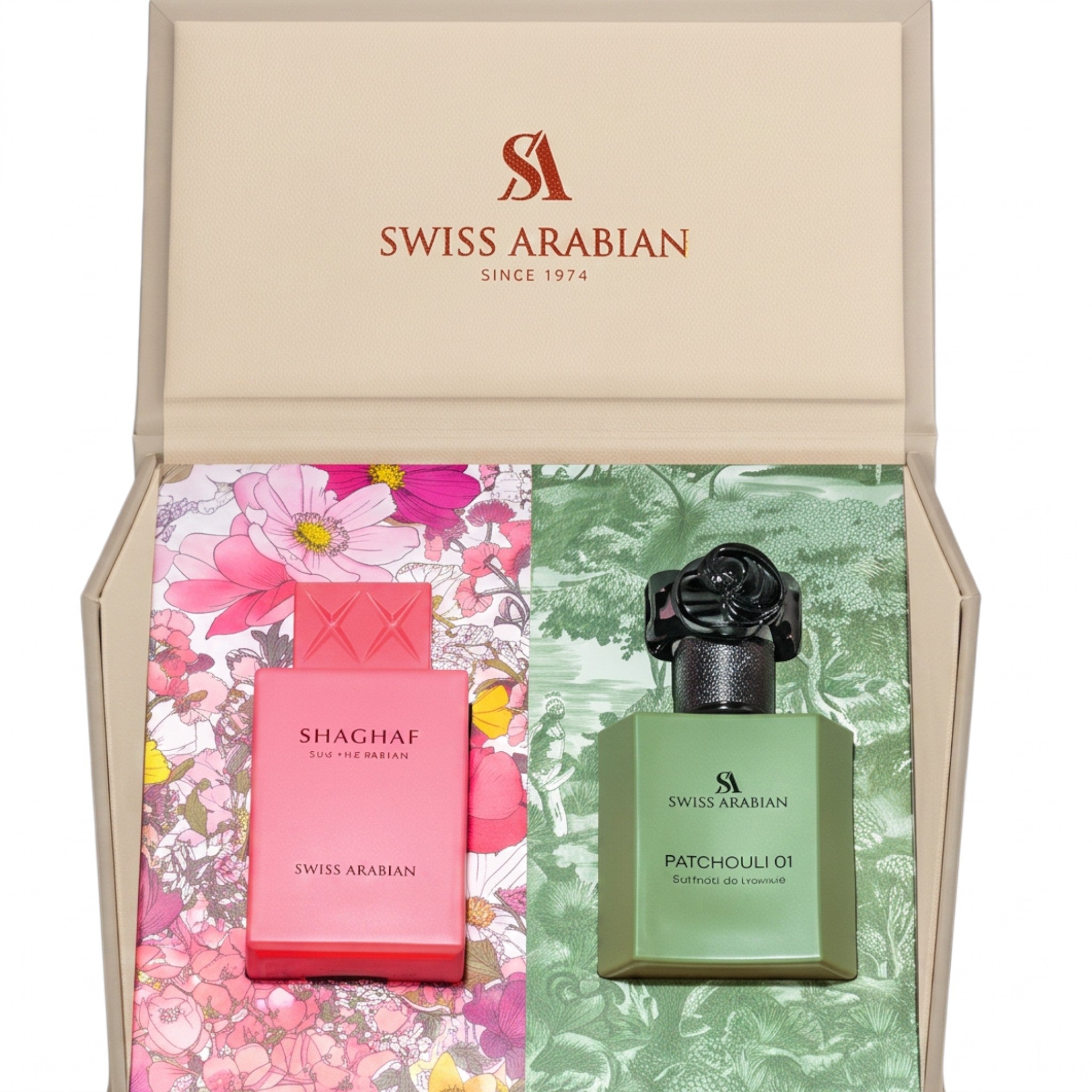 Palette 21 The Collector’s Edition II gift set featuring Swiss Arabian Shaghaf and Patchouli 01 perfumes in a box