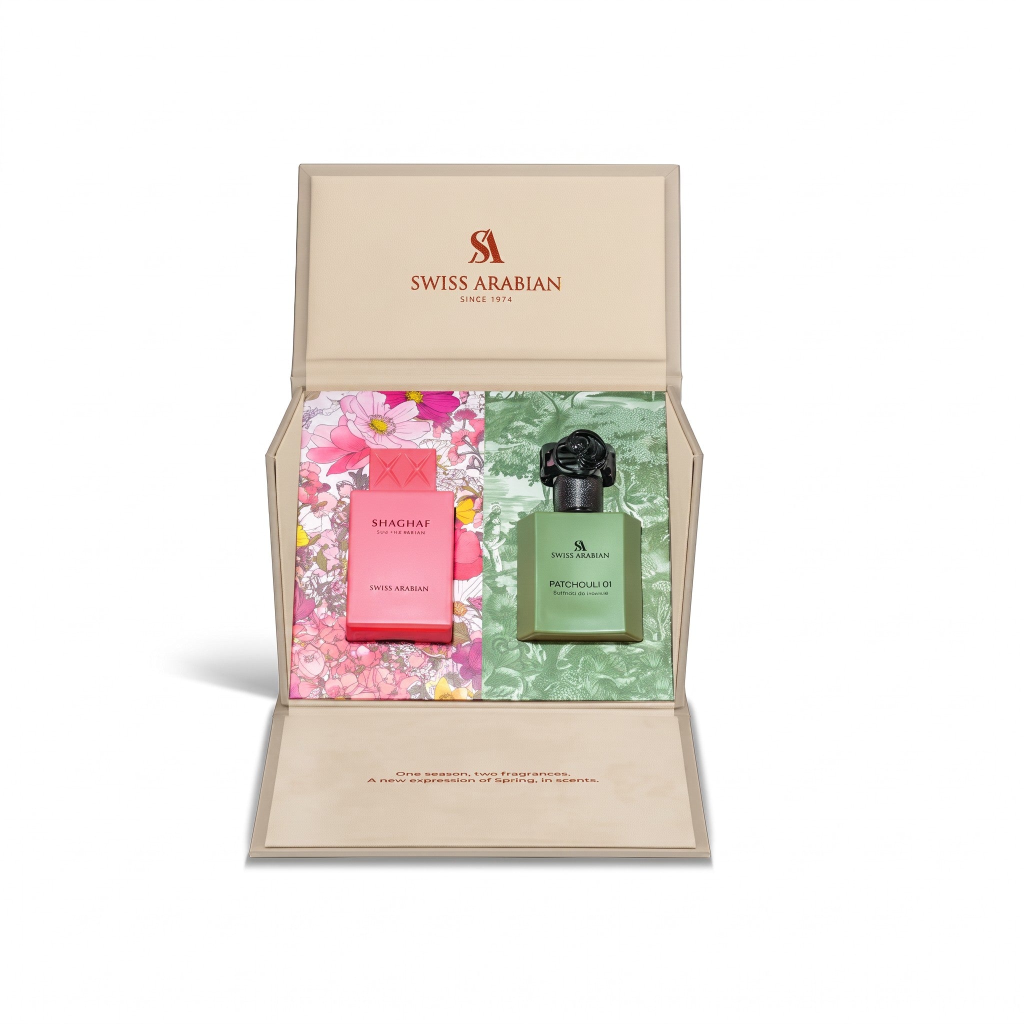 Palette 21 The Collector’s Edition II gift set featuring Swiss Arabian Shaghaf and Patchouli 01 perfume bottles.