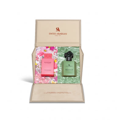 Palette 21 The Collector’s Edition II gift set featuring Swiss Arabian Shaghaf and Patchouli 01 perfume bottles.