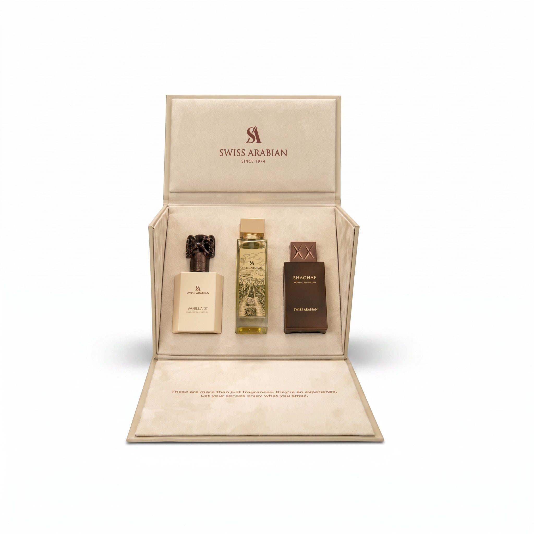 Palette 21 The Collector’s Edition perfume gift set featuring three Swiss Arabian fragrance bottles in a beige box.
