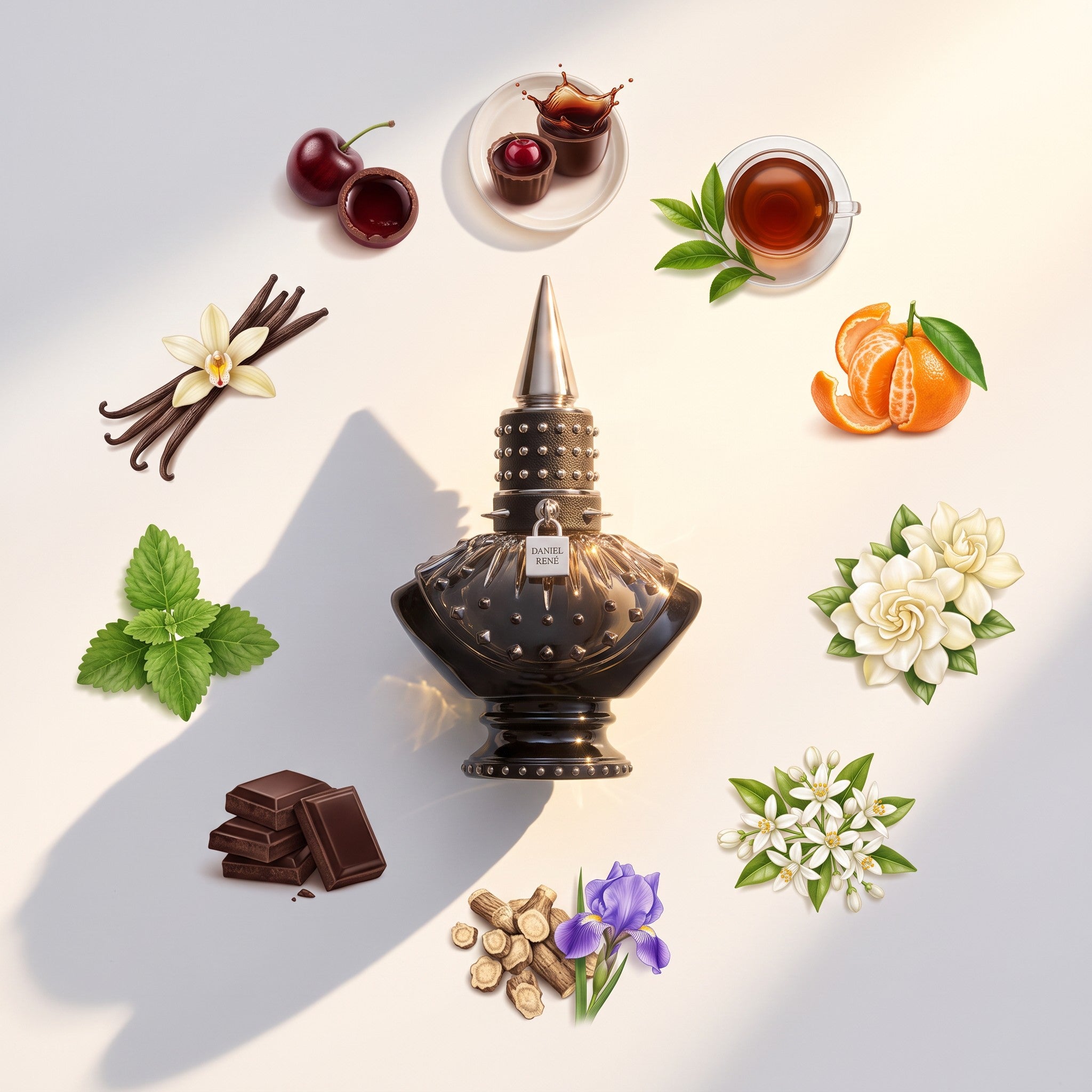 Palette 21 DANIEL RENÉ Midnight Sin perfume bottle surrounded by fragrance notes like cherry, vanilla, and dark chocolate