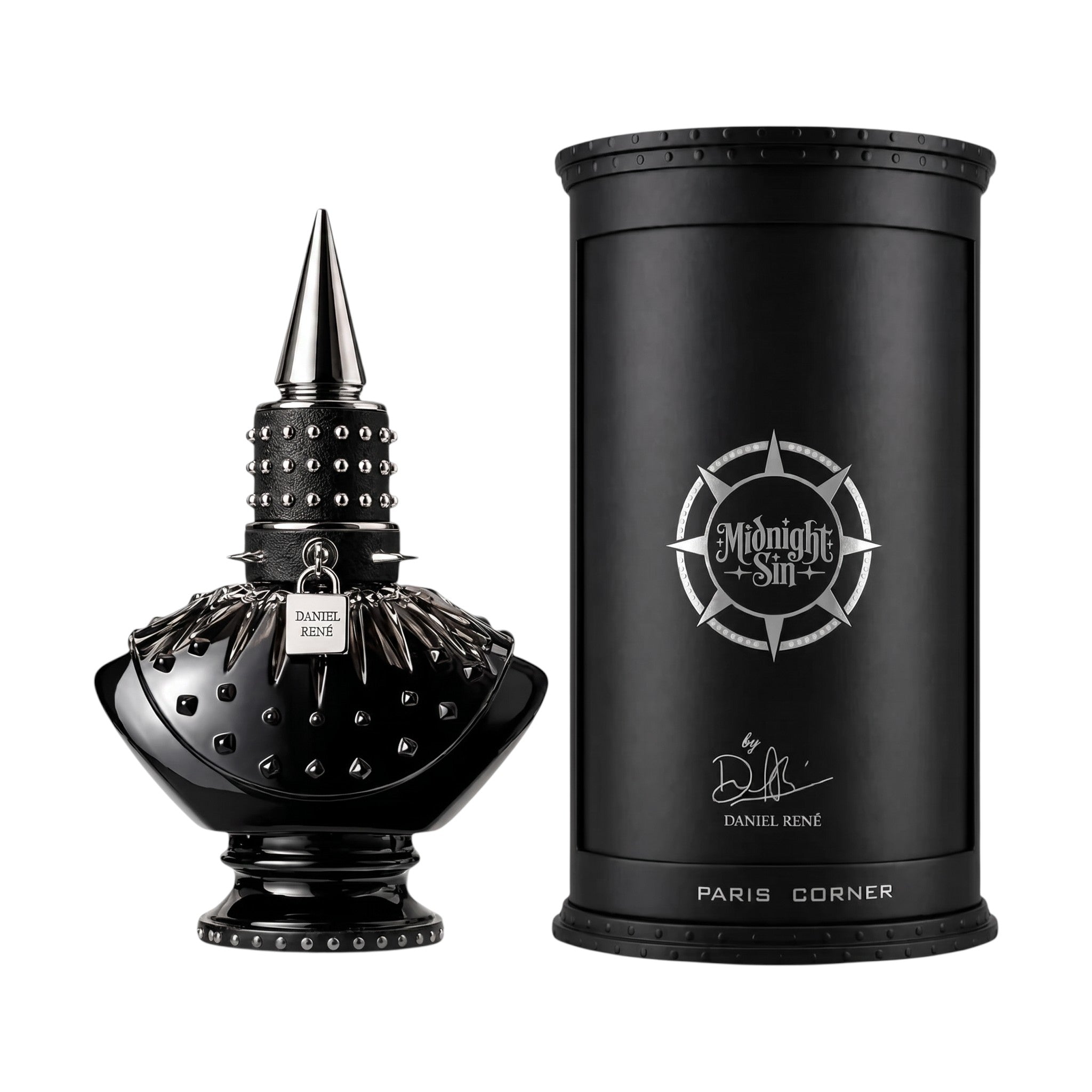 Palette 21 DANIEL RENÉ Midnight Sin perfume bottle with spiked cap and matching black cylindrical gift box.