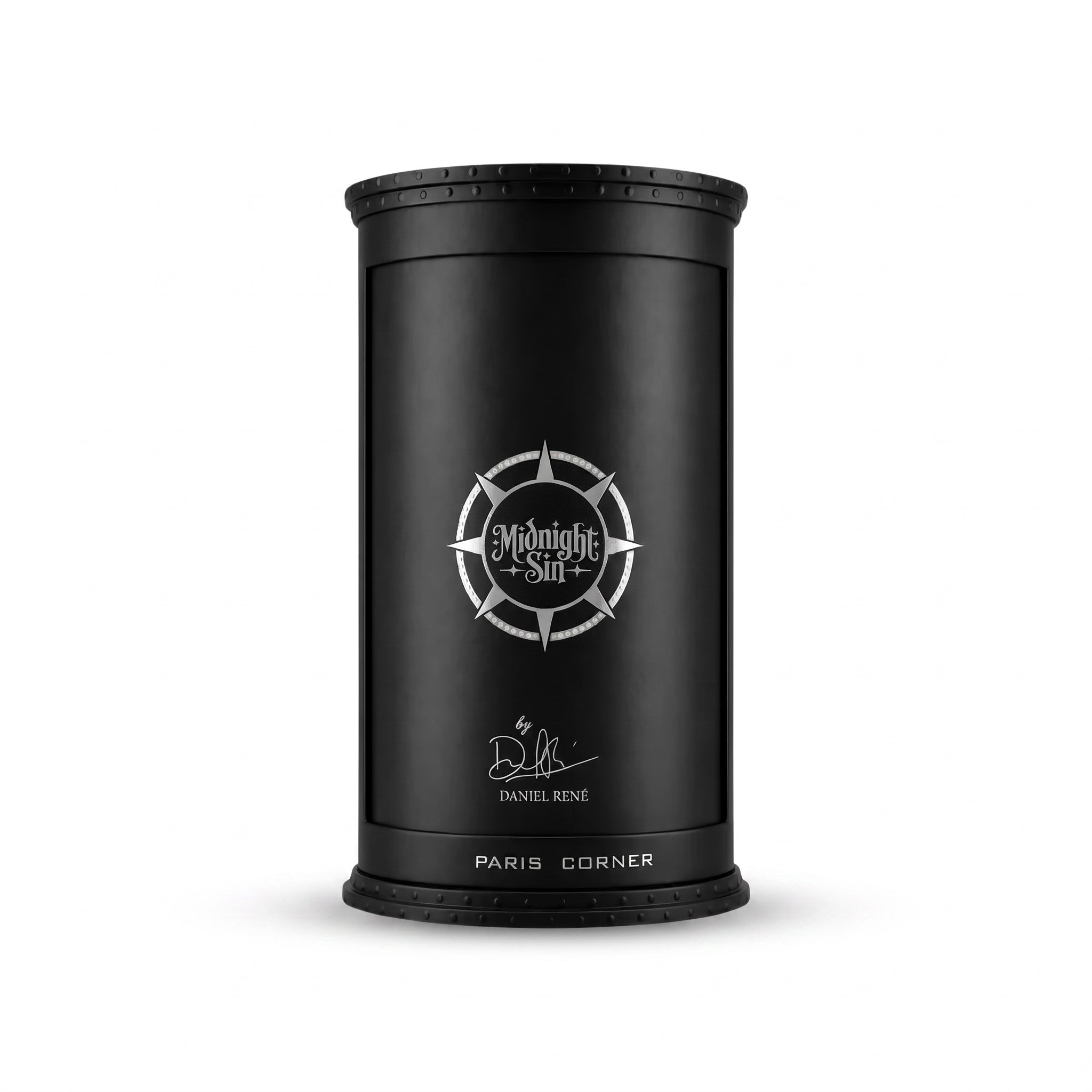 Palette 21 DANIEL RENÉ Midnight Sin eau de parfum in a sleek black cylindrical bottle with silver logo branding