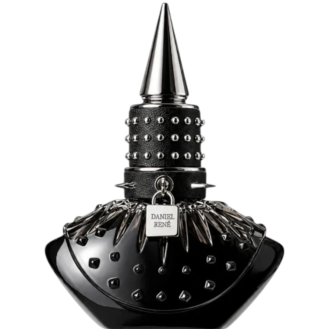 Palette 21 DANIEL RENÉ Midnight Sin perfume bottle in black with metallic studs, spiked cap, and branded charm.