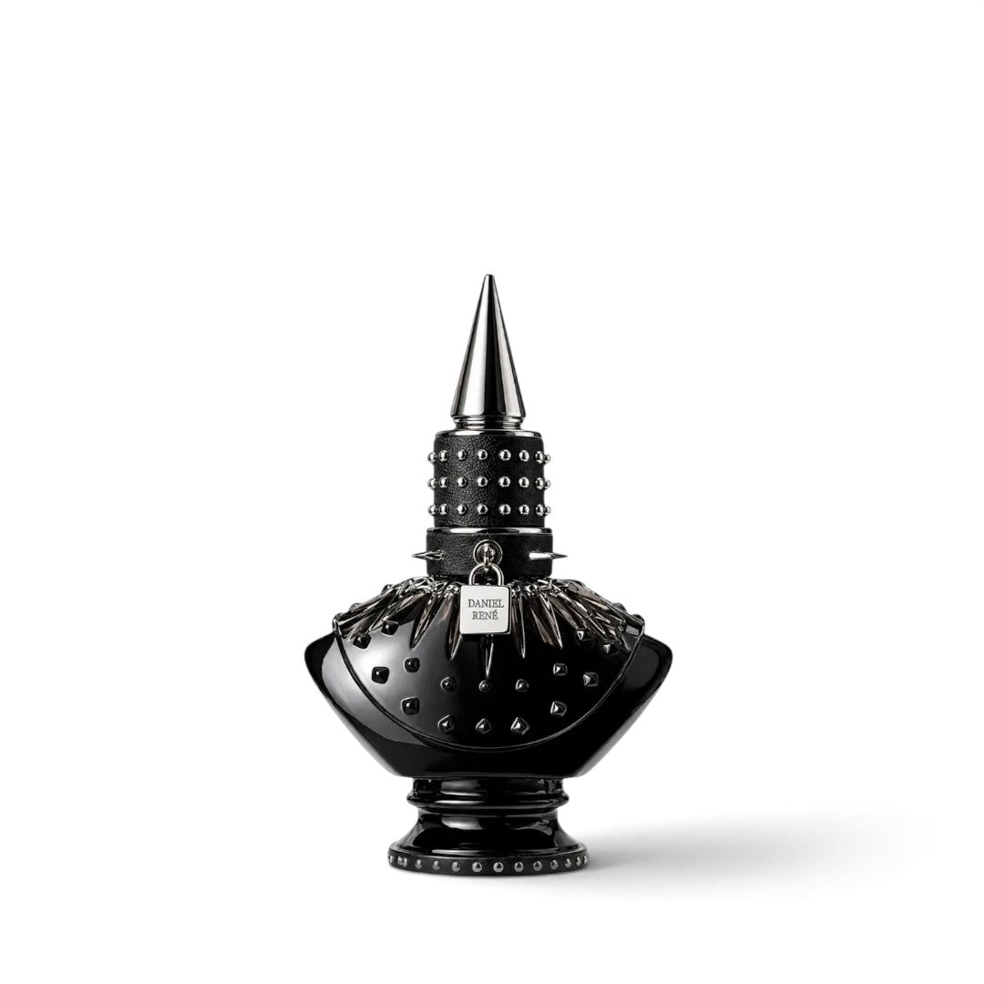 Palette 21 DANIEL RENÉ Midnight Sin perfume bottle in glossy black with metallic studs and a spiked cap.