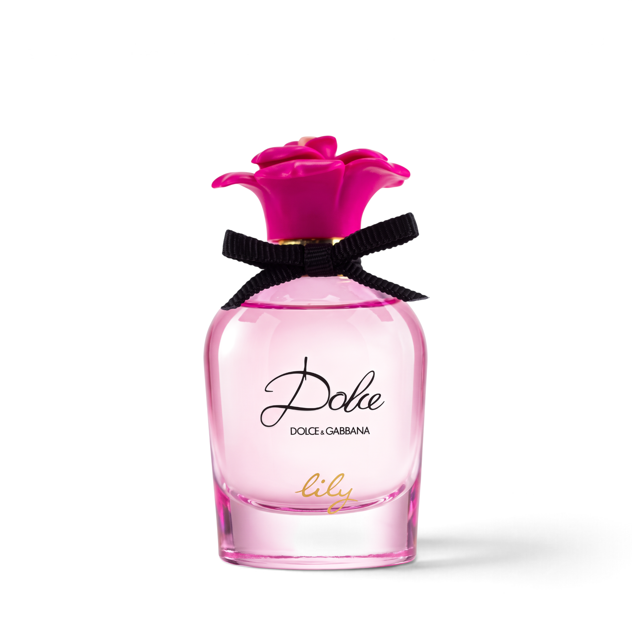 Palette 21 DOLCE&GABBANA Dolce Lily Eau de Toilette in a pink glass bottle with a floral cap and black ribbon.