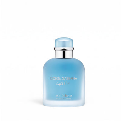 Palette 21 Dolce & Gabbana Light Blue Eau Intense Pour Homme fragrance bottle in a frosted blue glass design.