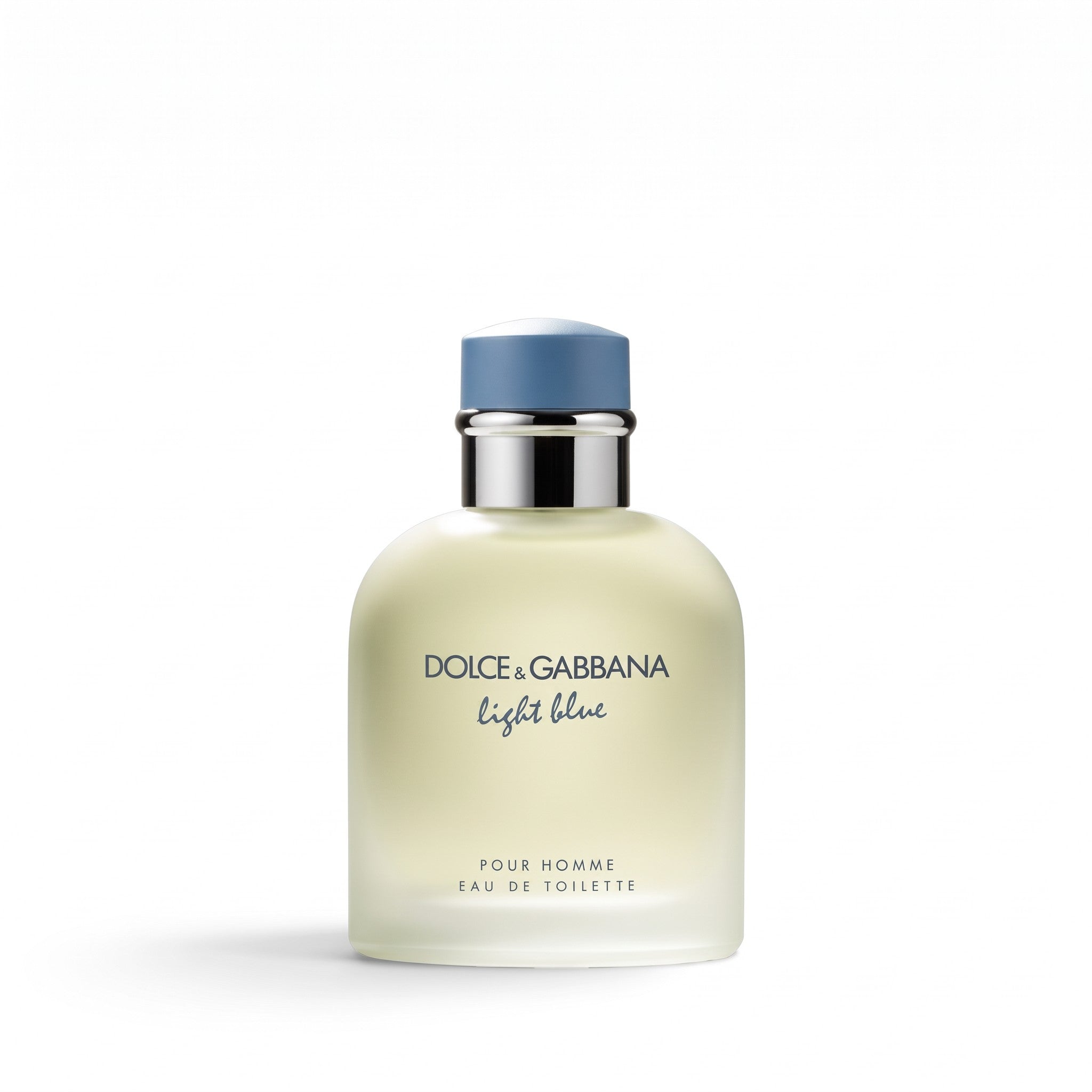 Palette 21 Dolce & Gabbana Light Blue pour Homme eau de toilette in a frosted glass bottle with a light blue cap.