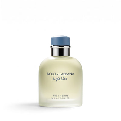 Palette 21 Dolce & Gabbana Light Blue pour Homme eau de toilette in a frosted glass bottle with a light blue cap.