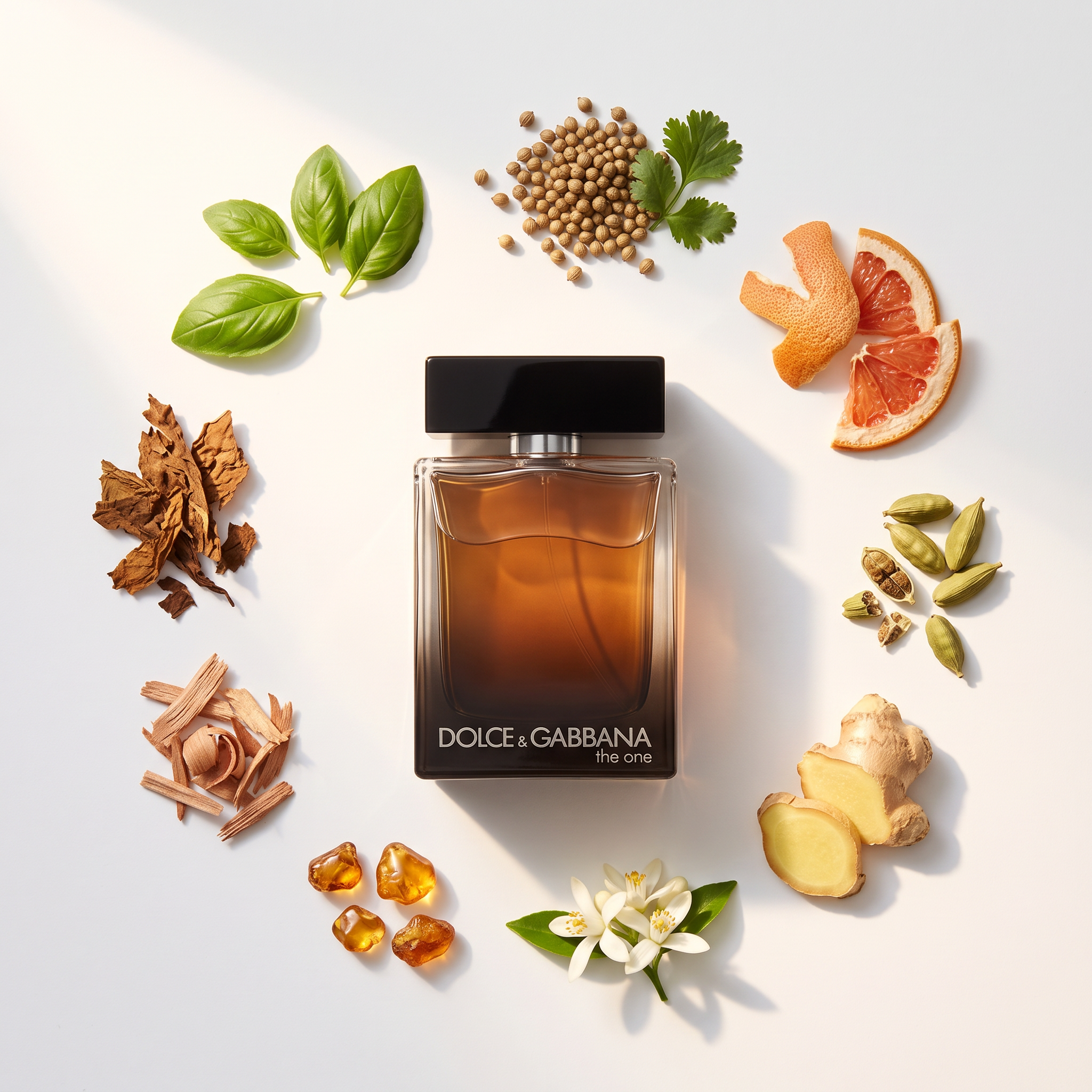 Palette 21 Dolce & Gabbana The One Eau de Parfum for men surrounded by aromatic ingredients like ginger and tobacco.