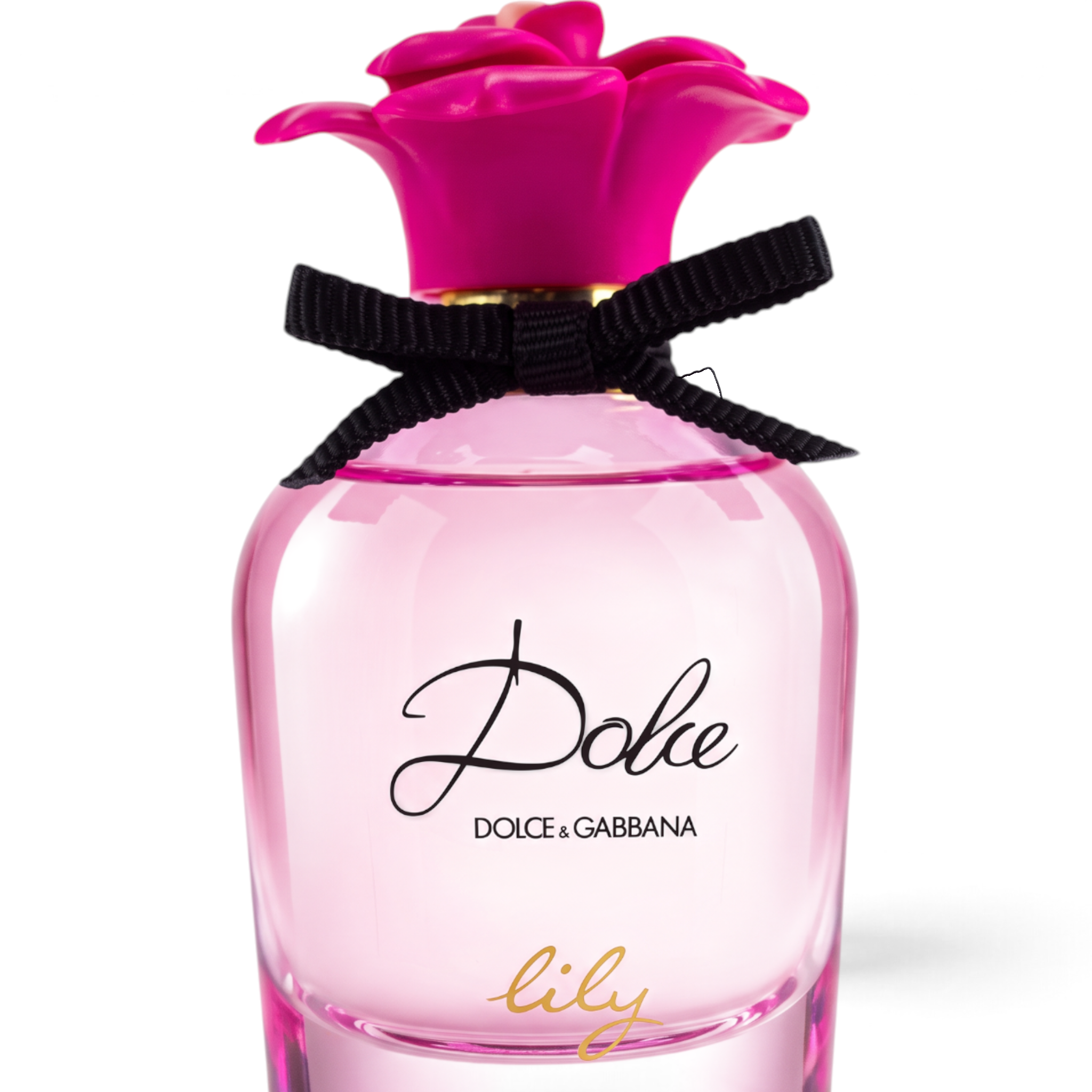 Palette 21 Dolce & Gabbana Dolce Lily Eau de Toilette in a pink glass bottle with a floral cap and black ribbon.