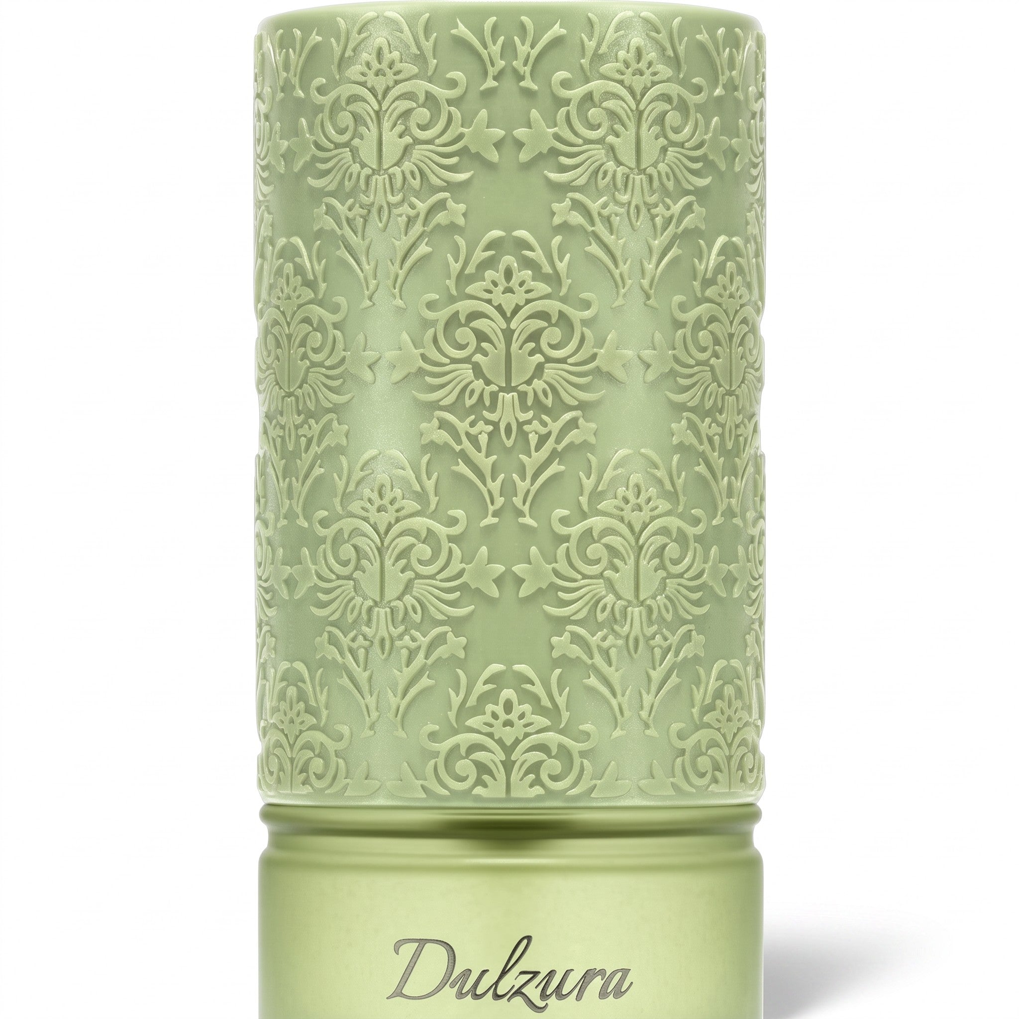 Palette 21 Paris Corner Dulzura Vanilla Envie perfume bottle in sage green with an intricate embossed floral pattern