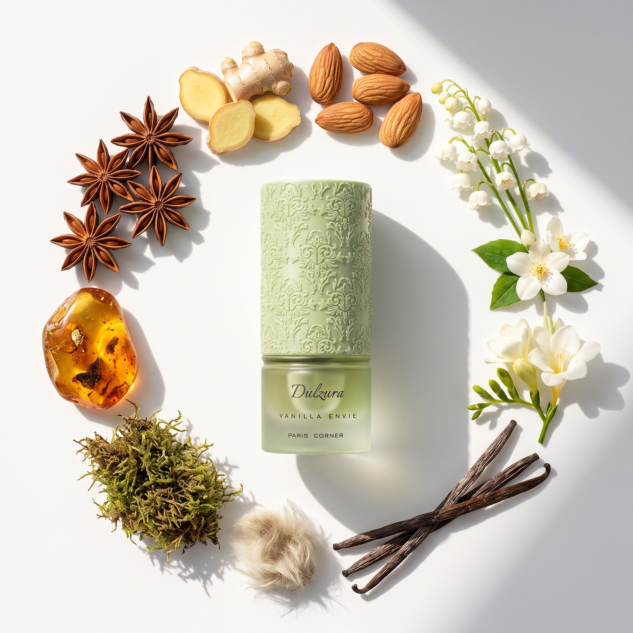 Palette 21 Paris Corner Dulzura Vanilla Envie perfume bottle in sage green with embossed detail surrounded by botanicals