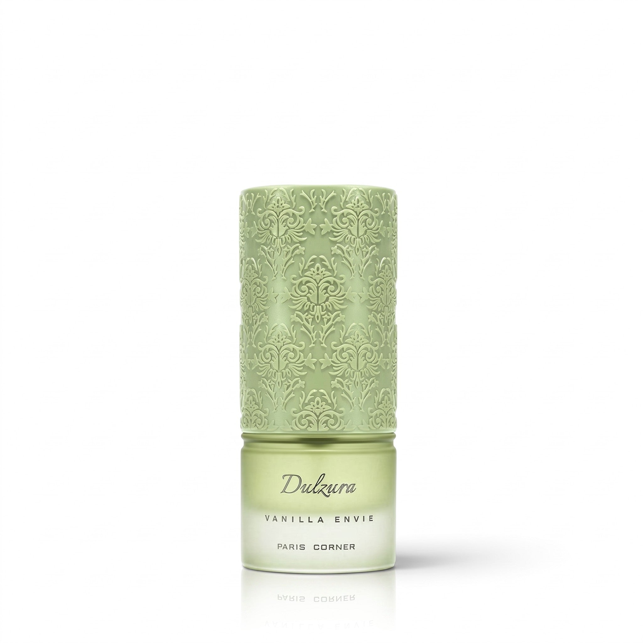 Palette 21 Paris Corner Dulzura Vanilla Envie perfume bottle with an intricate sage green embossed cap