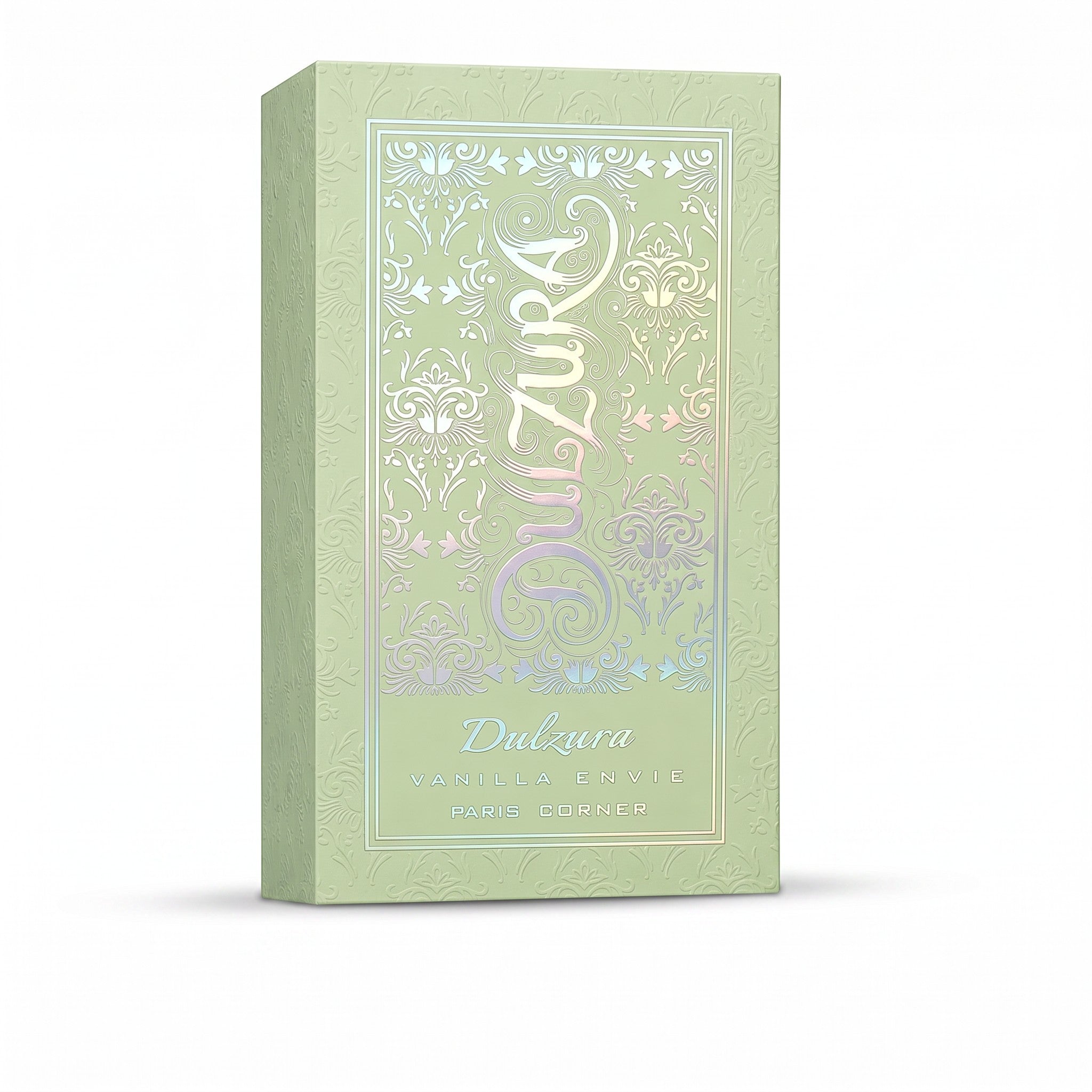 Palette 21 Paris Corner Dulzura Vanilla Envie perfume box in sage green with intricate embossed floral patterns