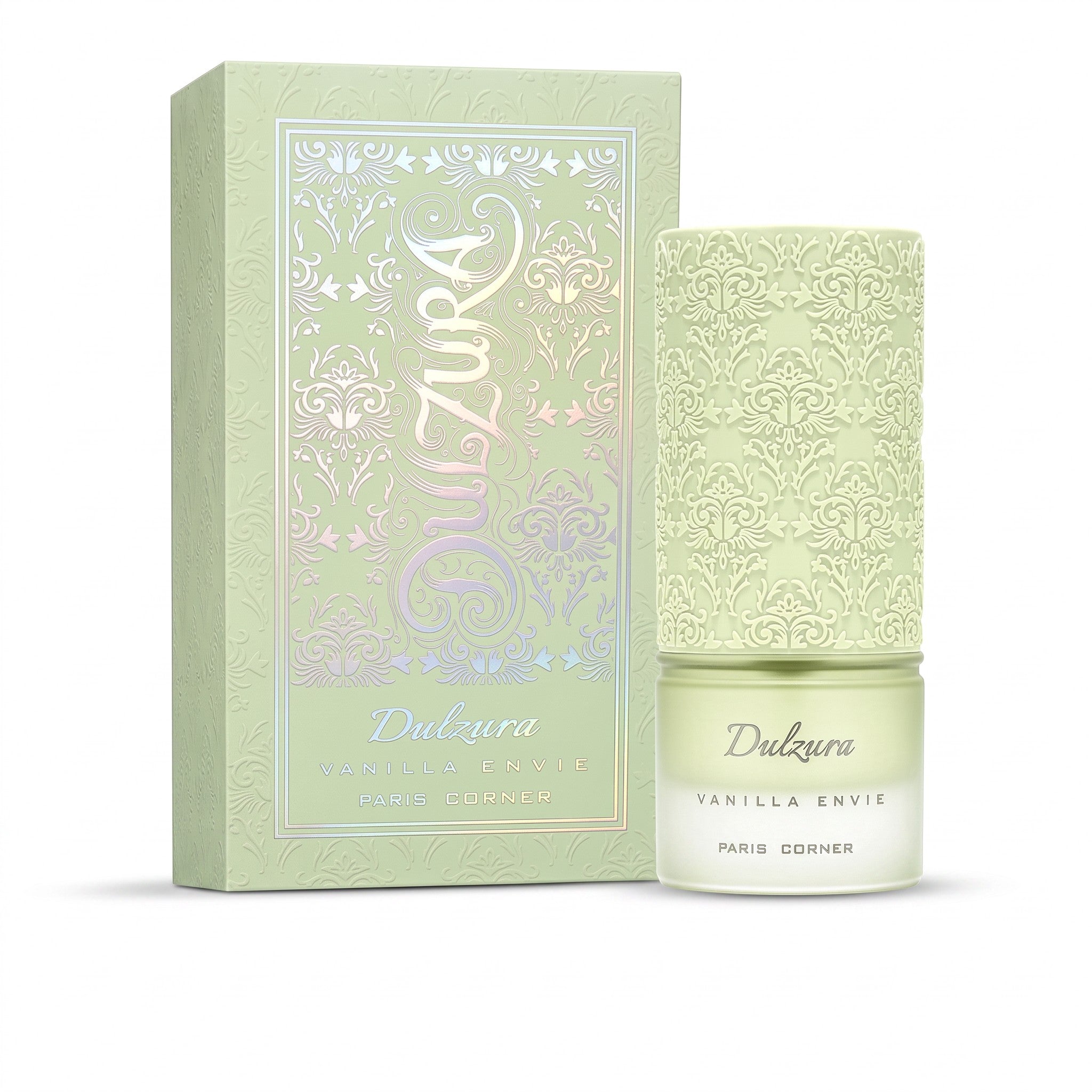 Palette 21 Paris Corner Dulzura Vanilla Envie perfume bottle and box with intricate sage green embossed floral design.