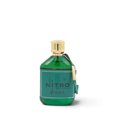 Palette 21 Dumont Nitro Green fragrance bottle with green glass, leather wrap, and gold cap
