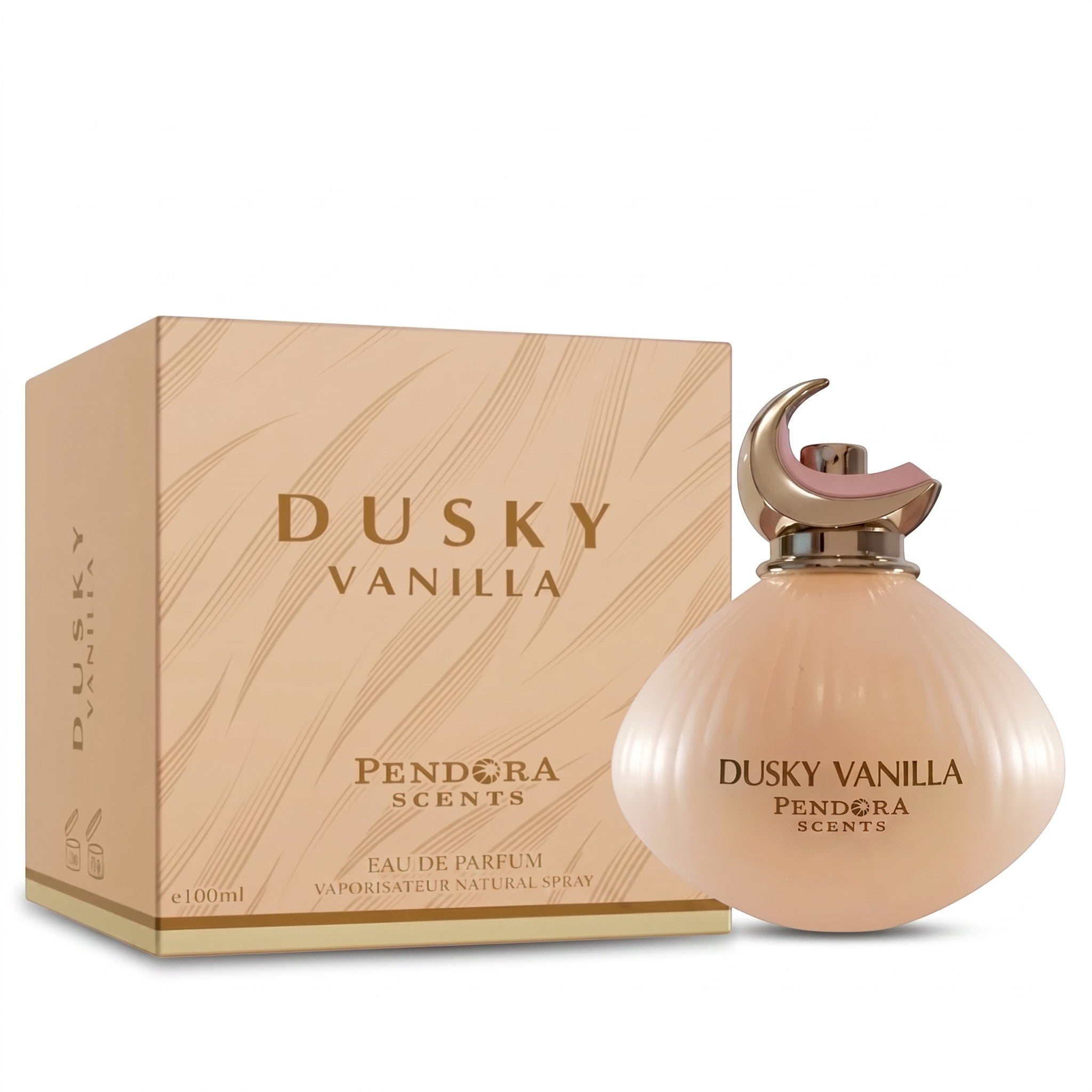 Palette 21 Dusky Vanilla Eau de Parfum bottle with a crescent moon cap next to its beige branded packaging box.