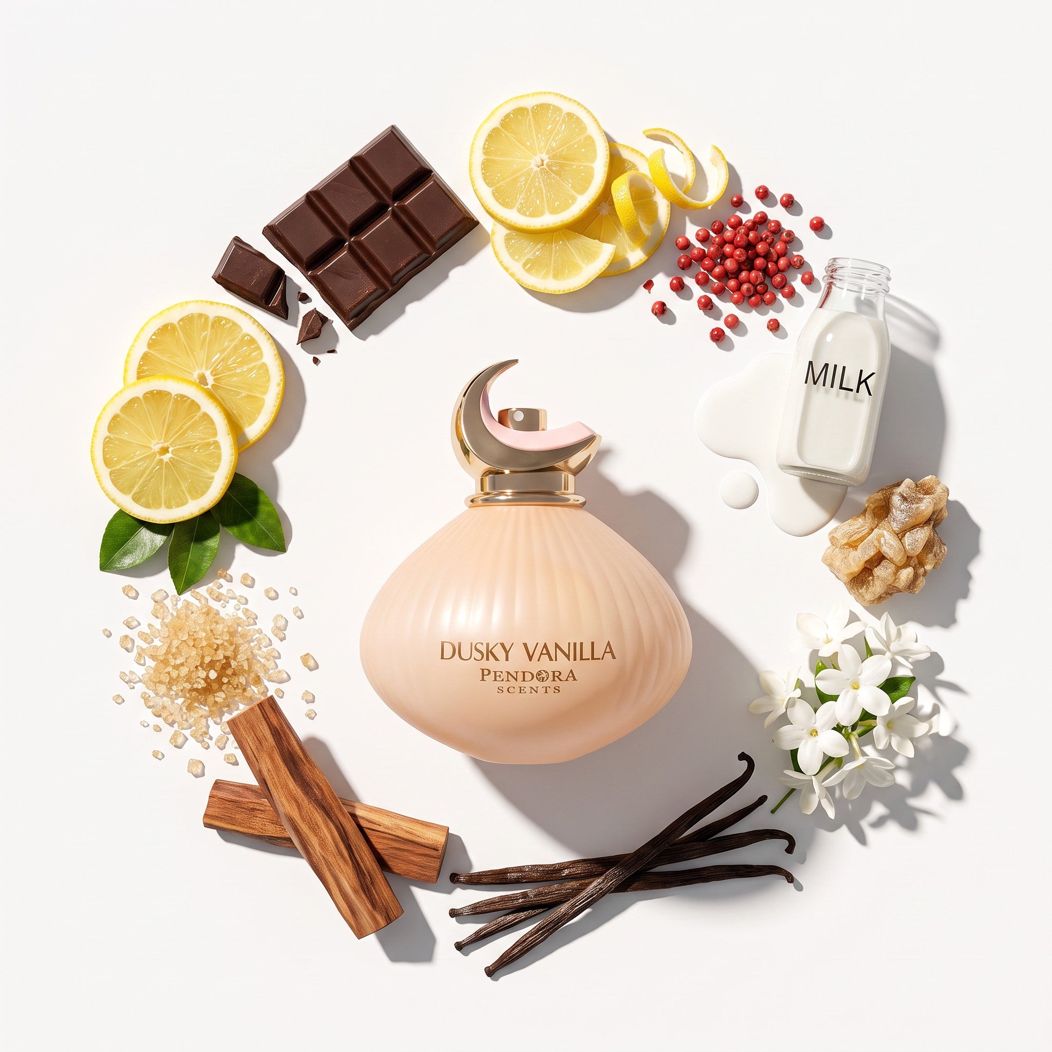 Palette 21 Dusky Vanilla perfume bottle with crescent moon cap surrounded by vanilla, lemon, chocolate, and milk.