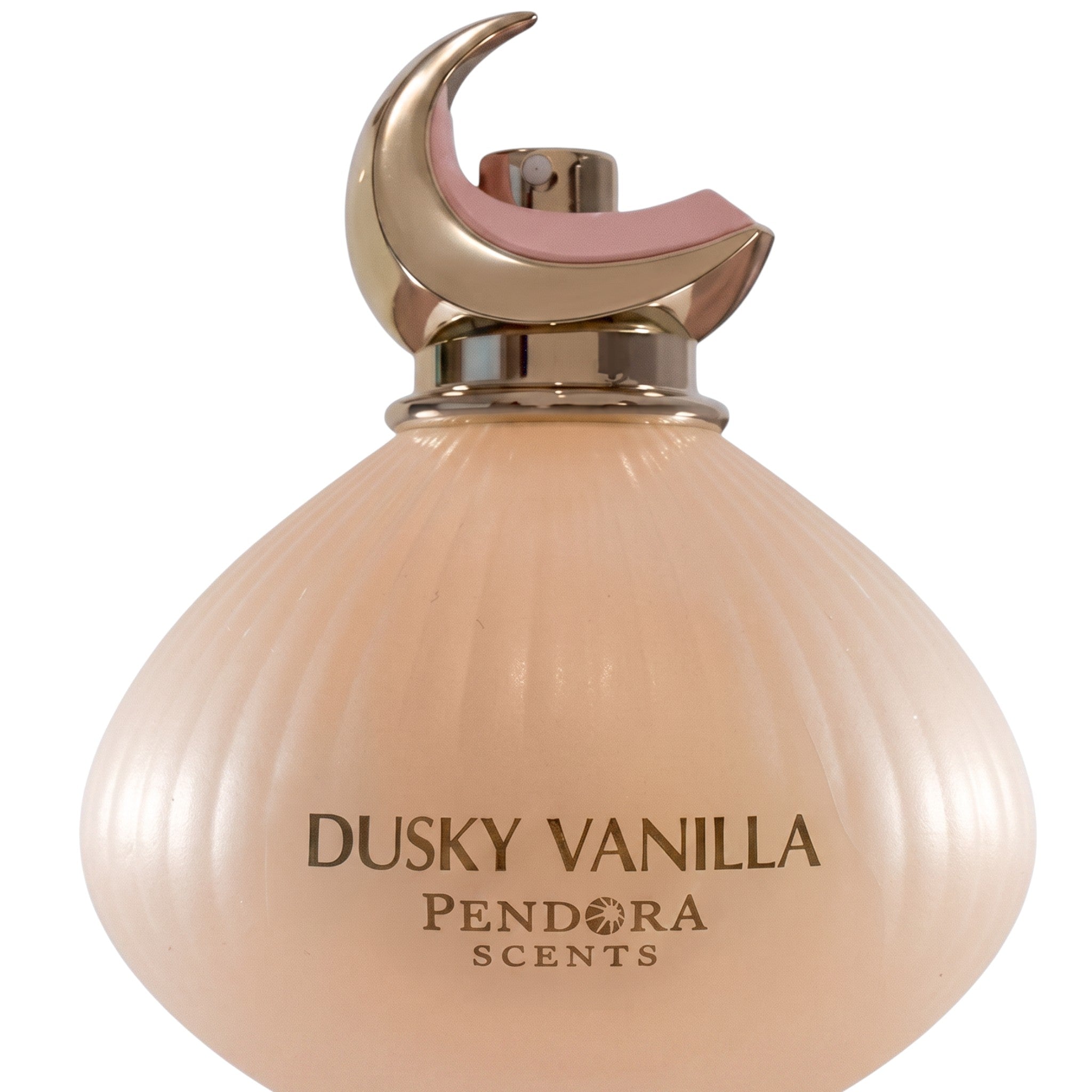 Palette 21 Dusky Vanilla Eau de Parfum in a ribbed peach glass bottle with a gold crescent moon cap.