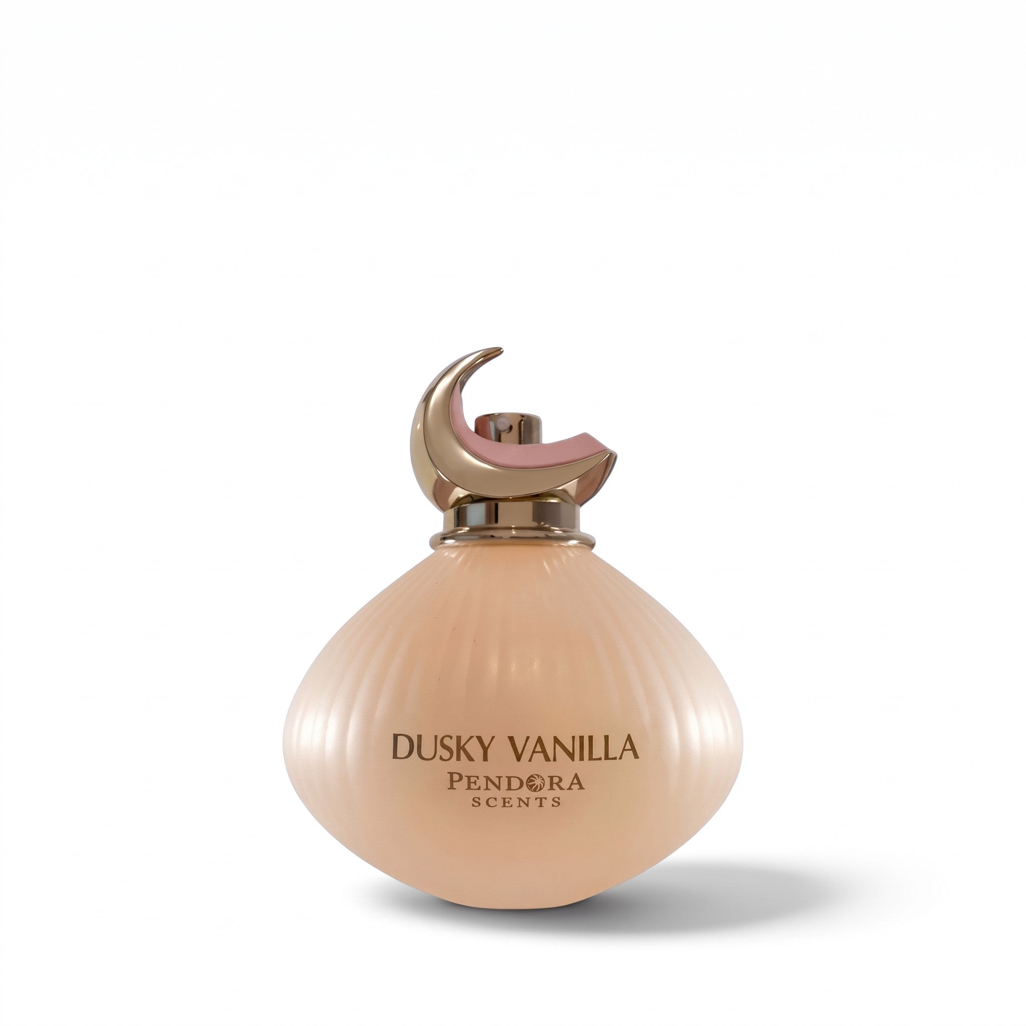 Palette 21 Dusky Vanilla Eau de Parfum in a soft-toned glass bottle with a distinctive gold crescent moon cap.