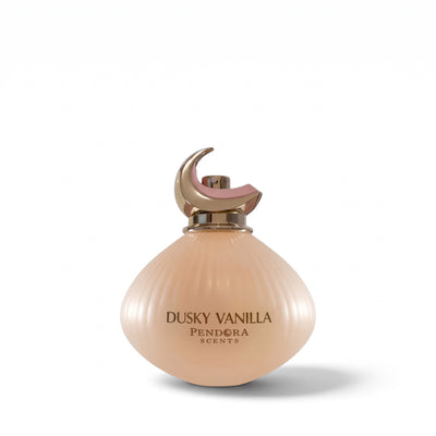 Palette 21 Dusky Vanilla Eau de Parfum in a soft-toned glass bottle with a distinctive gold crescent moon cap.