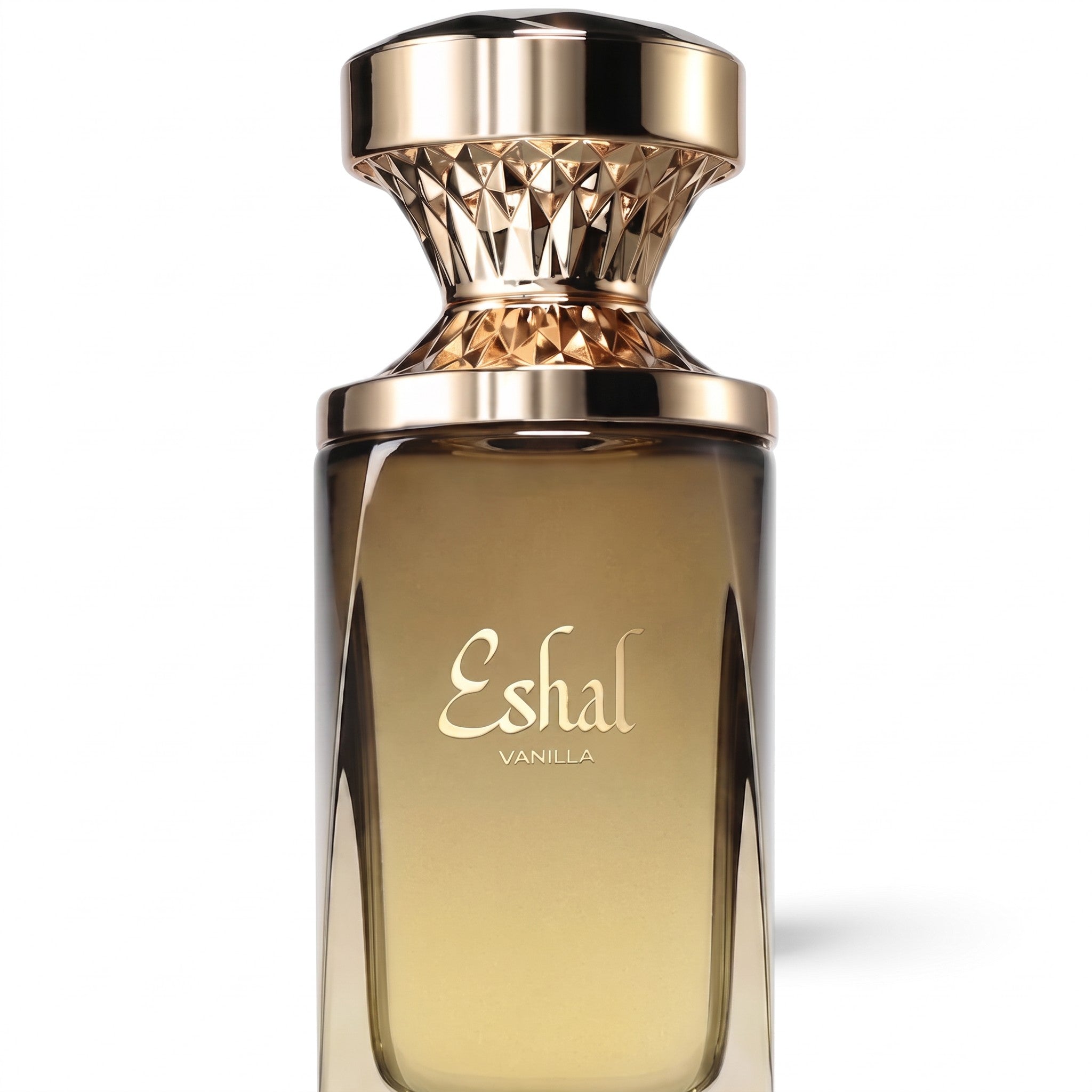 Palette 21 PARIS CORNER Eshal Vanilla eau de parfum in a luxurious amber glass bottle with a gold geometric cap.