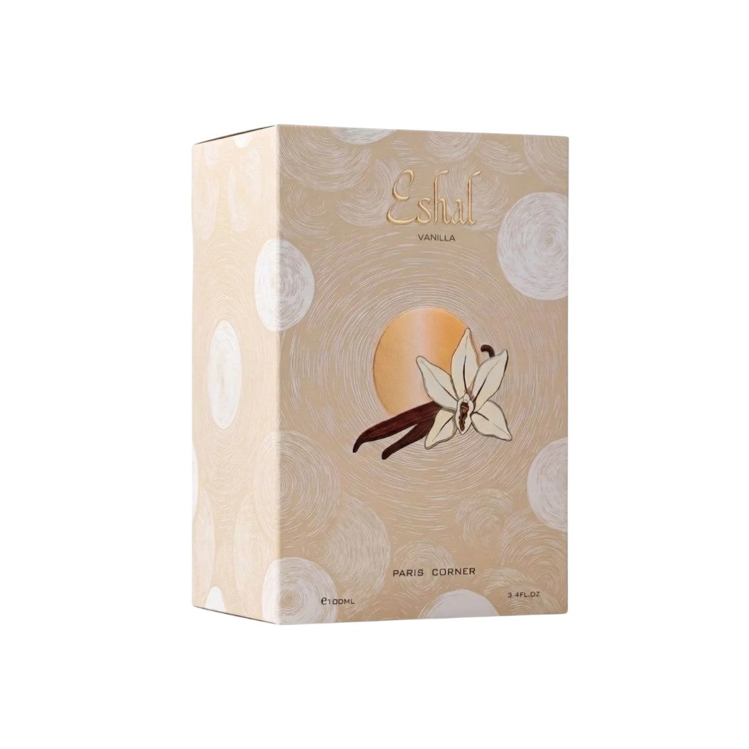 Palette 21 PARIS CORNER Eshal Vanilla eau de parfum box with beige circular patterns and vanilla flower illustration
