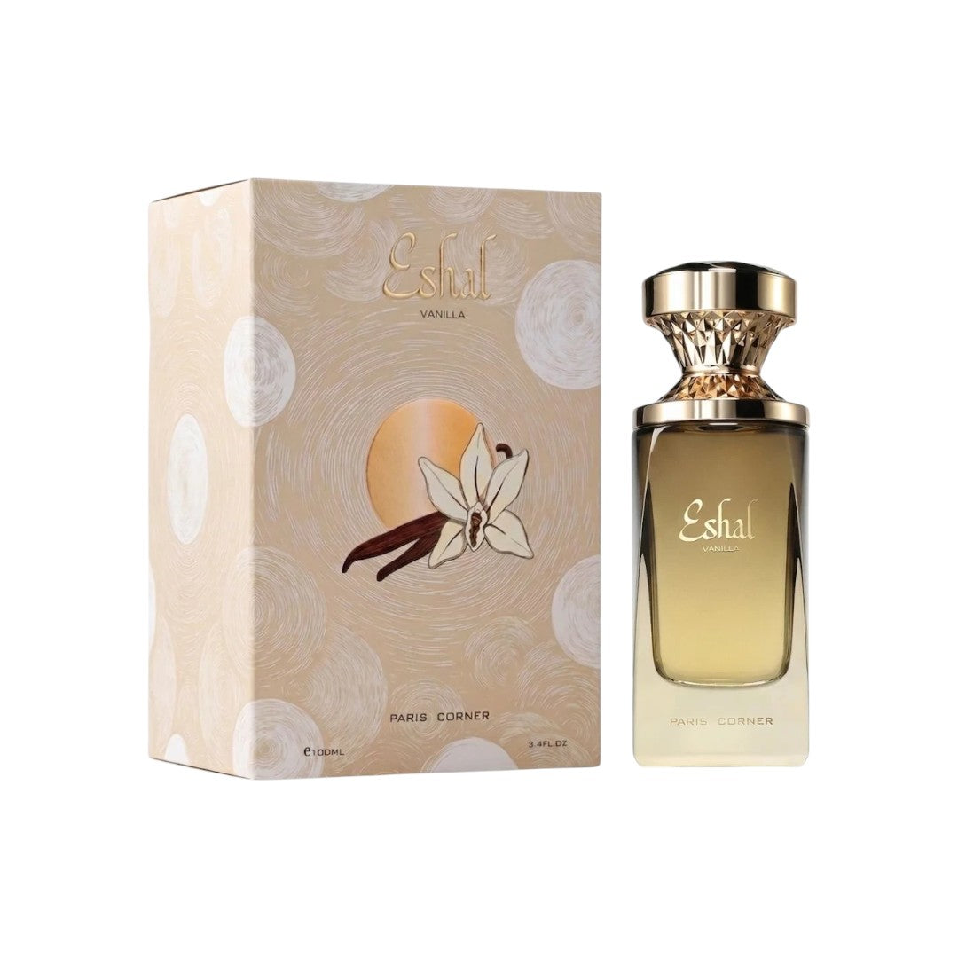 Palette 21 PARIS CORNER Eshal Vanilla eau de parfum bottle and decorative box with floral and vanilla bean illustration.